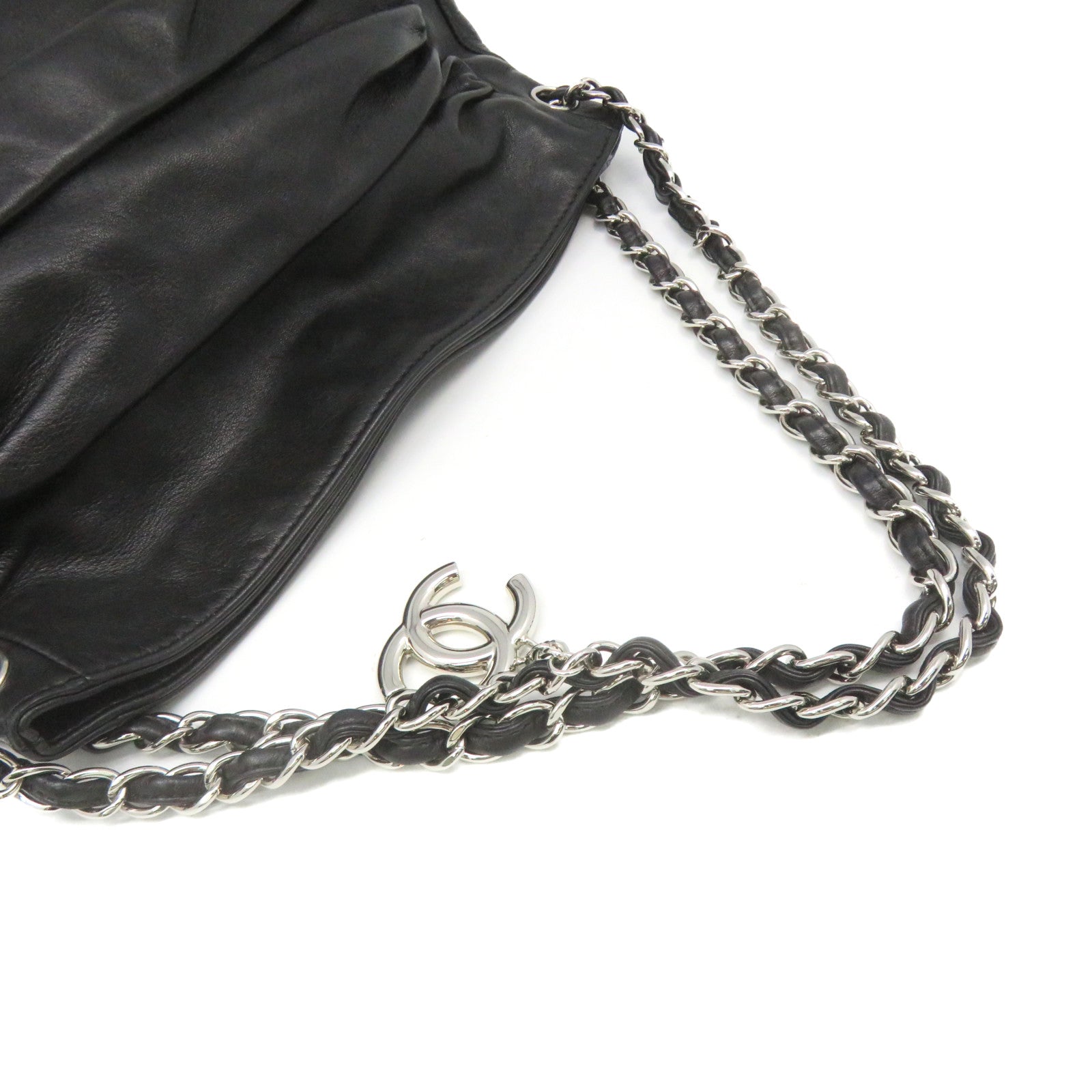 CHANEL 牛皮皮革Shoulder Bag银扣链带肩背袋黑色
