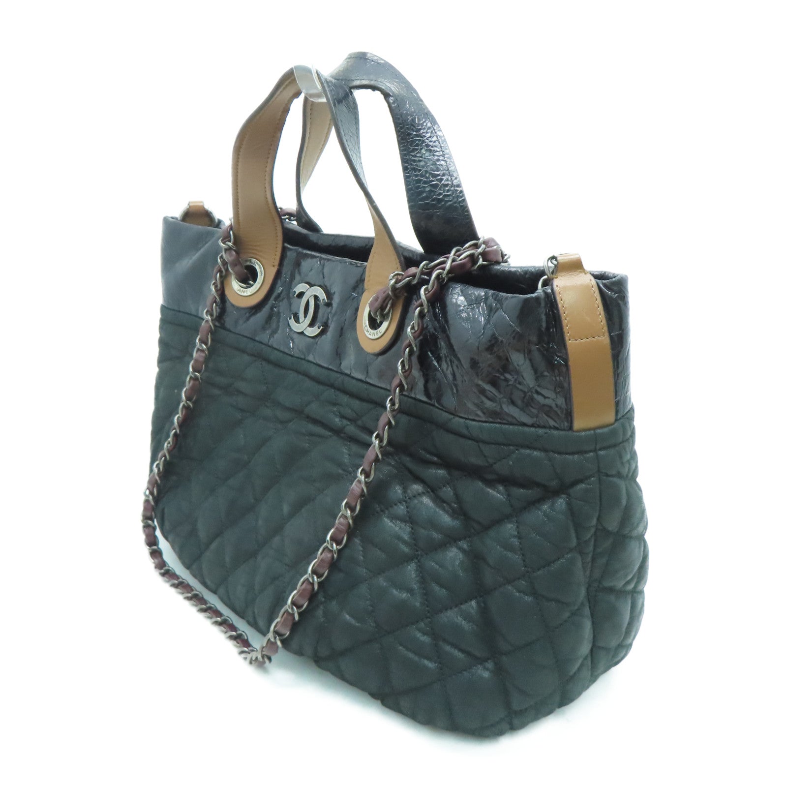 CHANEL 菱格牛皮皮革Shoulder Bag银扣链带肩背袋黑色