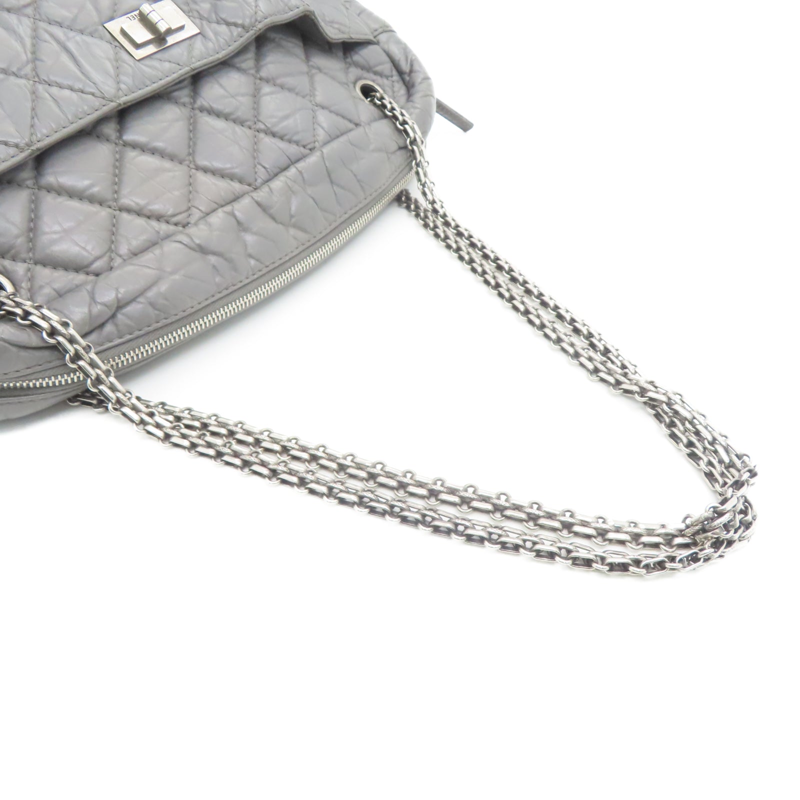 CHANEL 菱格牛皮皮革2.55Chain Shoulder銀扣鏈帶肩背袋灰色