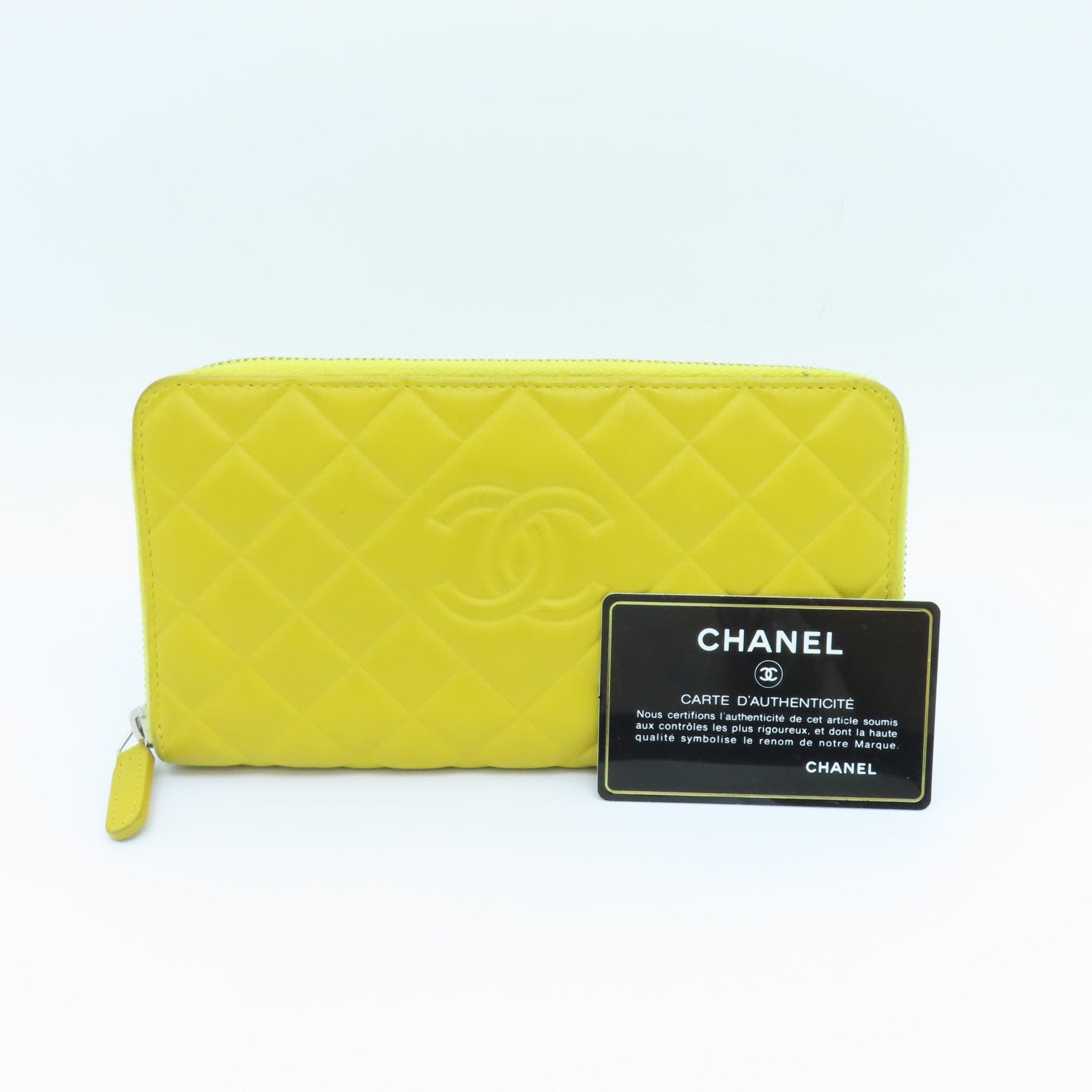 CHANEL 菱格牛皮皮革Zipped Long Wallet银扣长钱包黄色