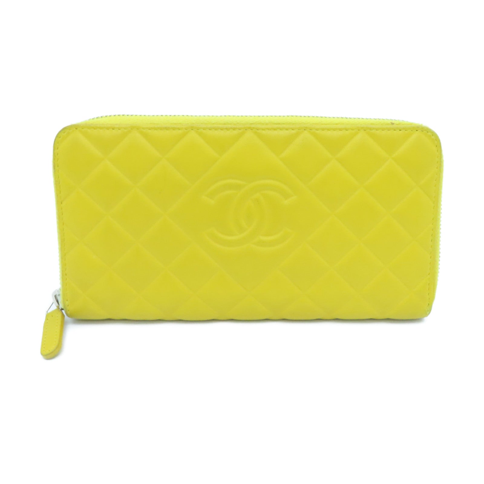 CHANEL 菱格牛皮皮革Zipped Long Wallet银扣长钱包黄色