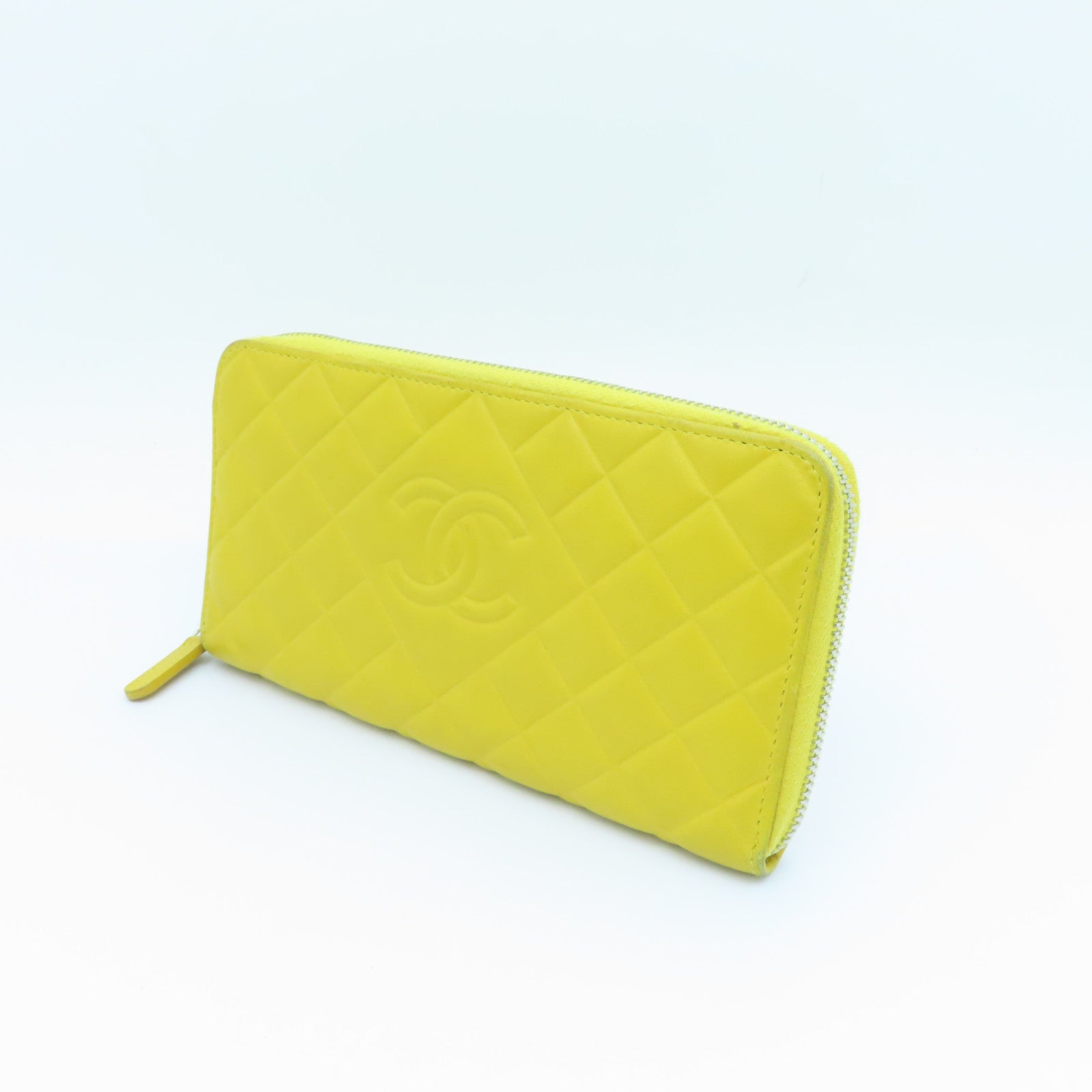 CHANEL 菱格牛皮皮革Zipped Long Wallet银扣长钱包黄色