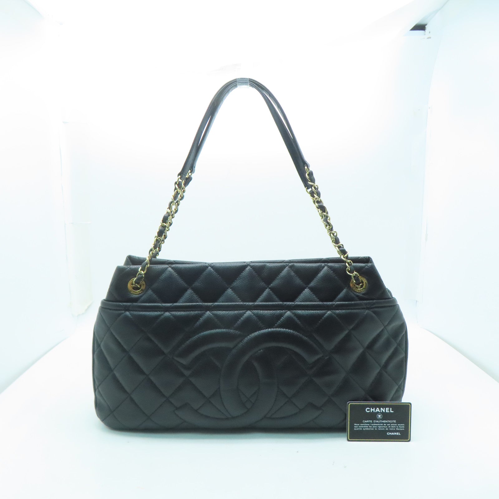 CHANEL 菱格牛皮皮革Chain Shoulder金扣鏈帶肩背袋黑色