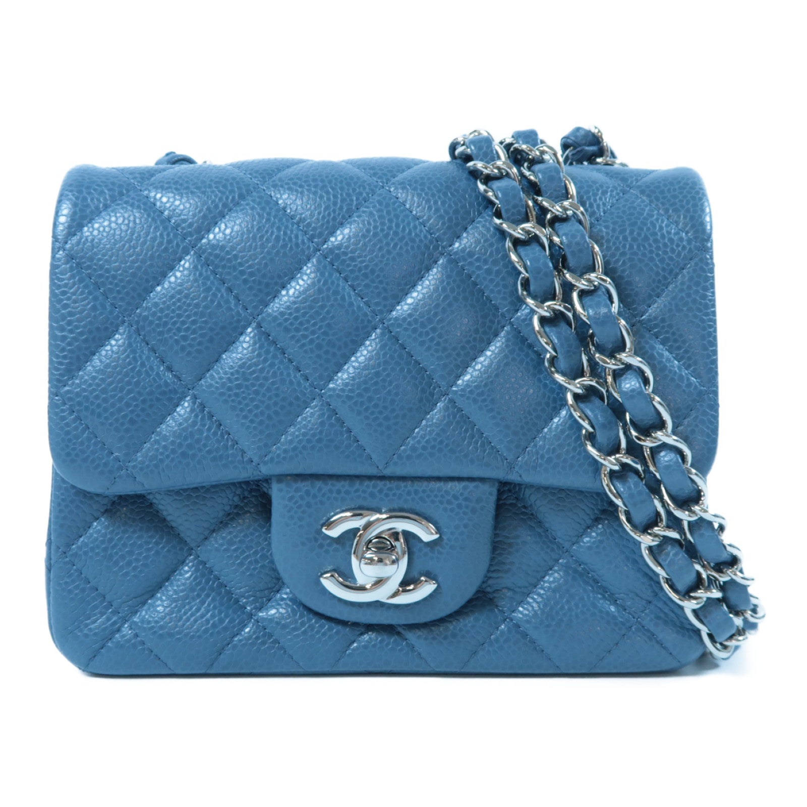CHANEL 菱格Caviar皮革Mini Classic Flap銀扣鏈帶肩背袋藍色
