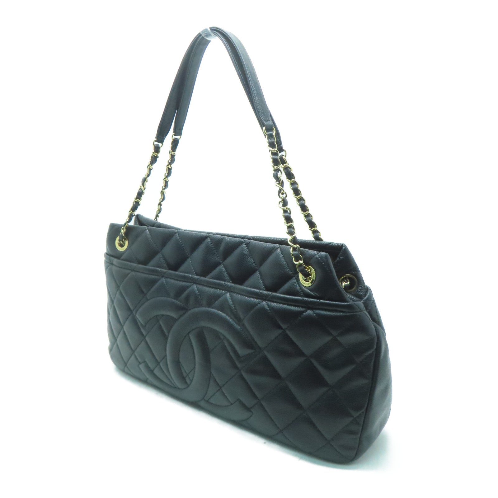 CHANEL 菱格牛皮皮革Chain Shoulder金扣鏈帶肩背袋黑色