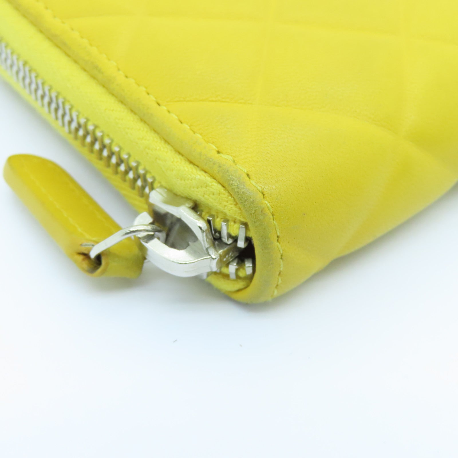 CHANEL 菱格牛皮皮革Zipped Long Wallet银扣长钱包黄色