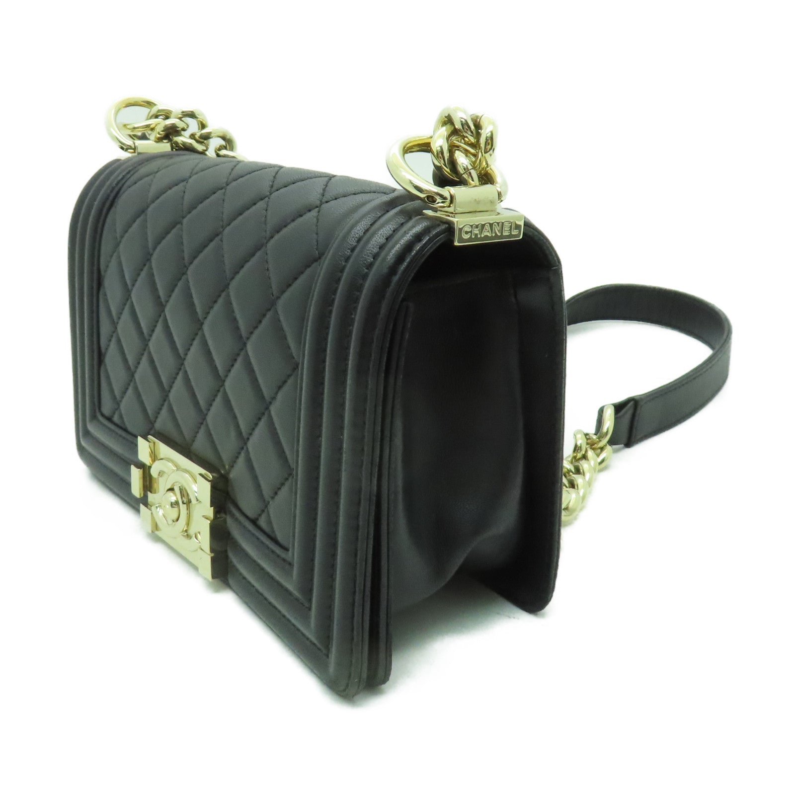 CHANEL 菱格羊皮皮革Chain Shoulder金扣鏈帶肩背袋黑色