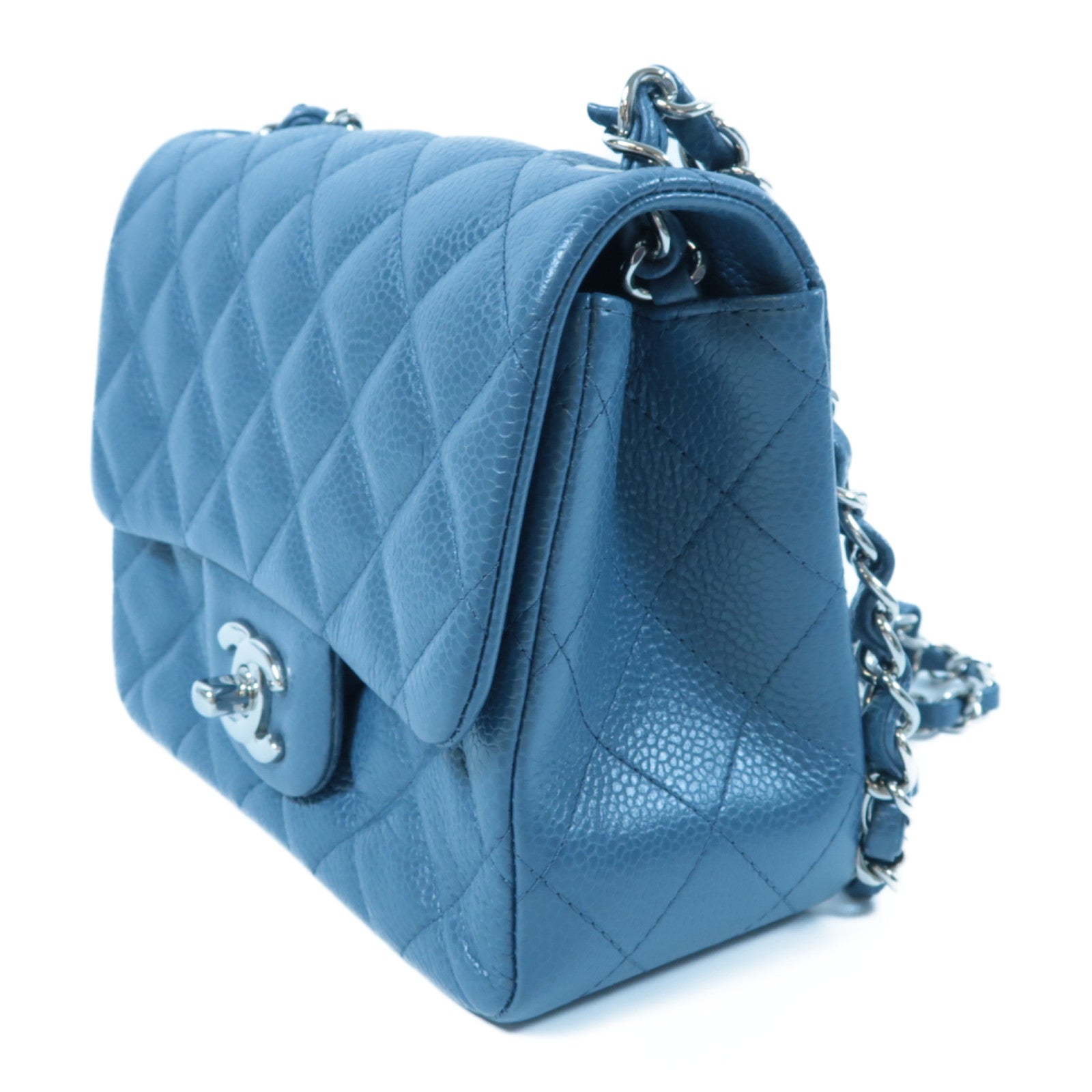 CHANEL 菱格Caviar皮革Mini Classic Flap銀扣鏈帶肩背袋藍色