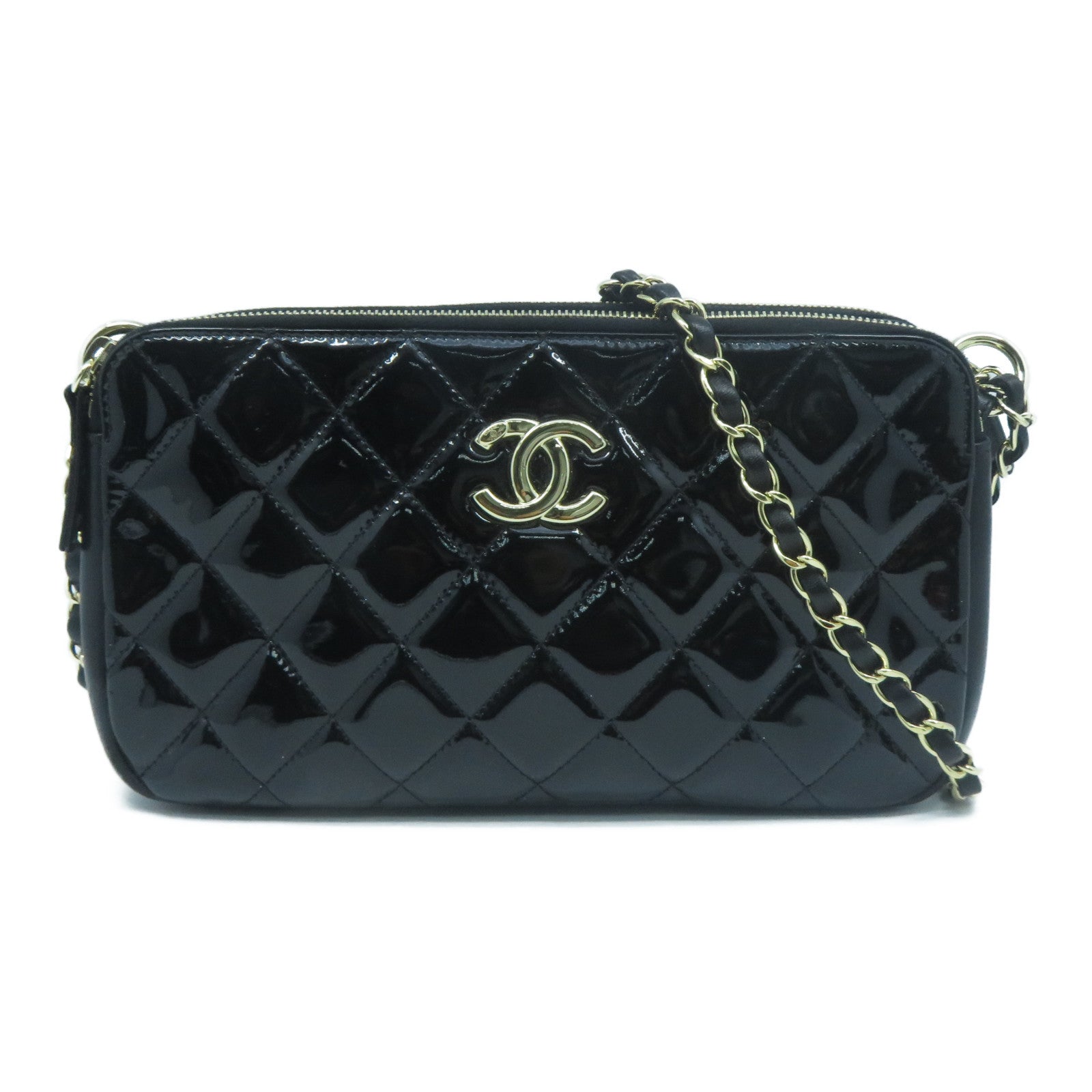 CHANEL 菱格漆皮皮革Chain Shoulder Bag金色鏈帶肩背袋黑色