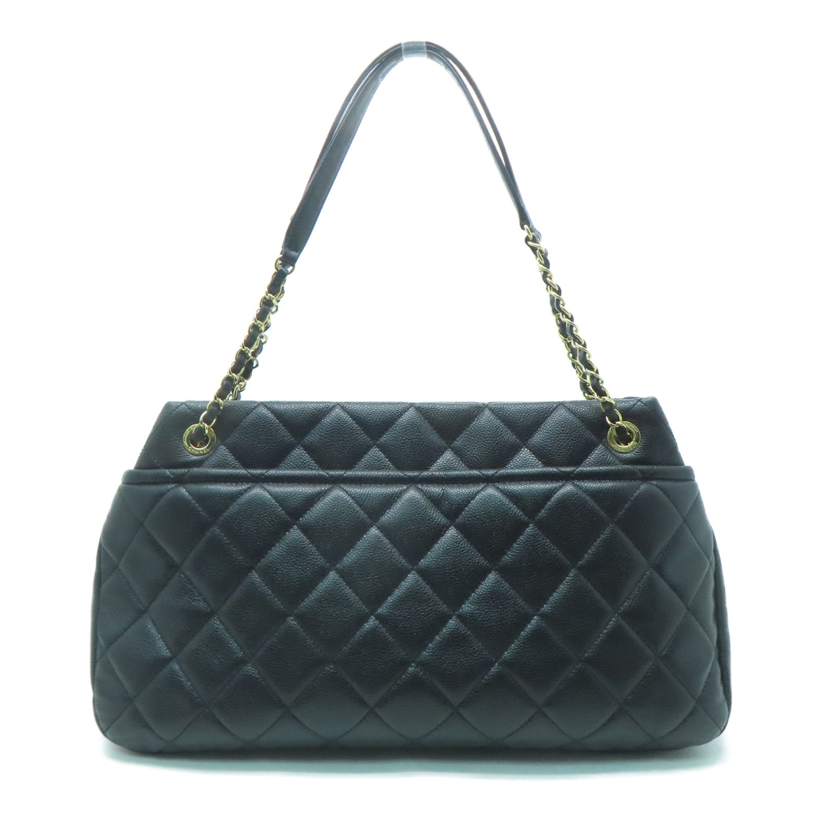 CHANEL 菱格牛皮皮革Chain Shoulder金扣鏈帶肩背袋黑色