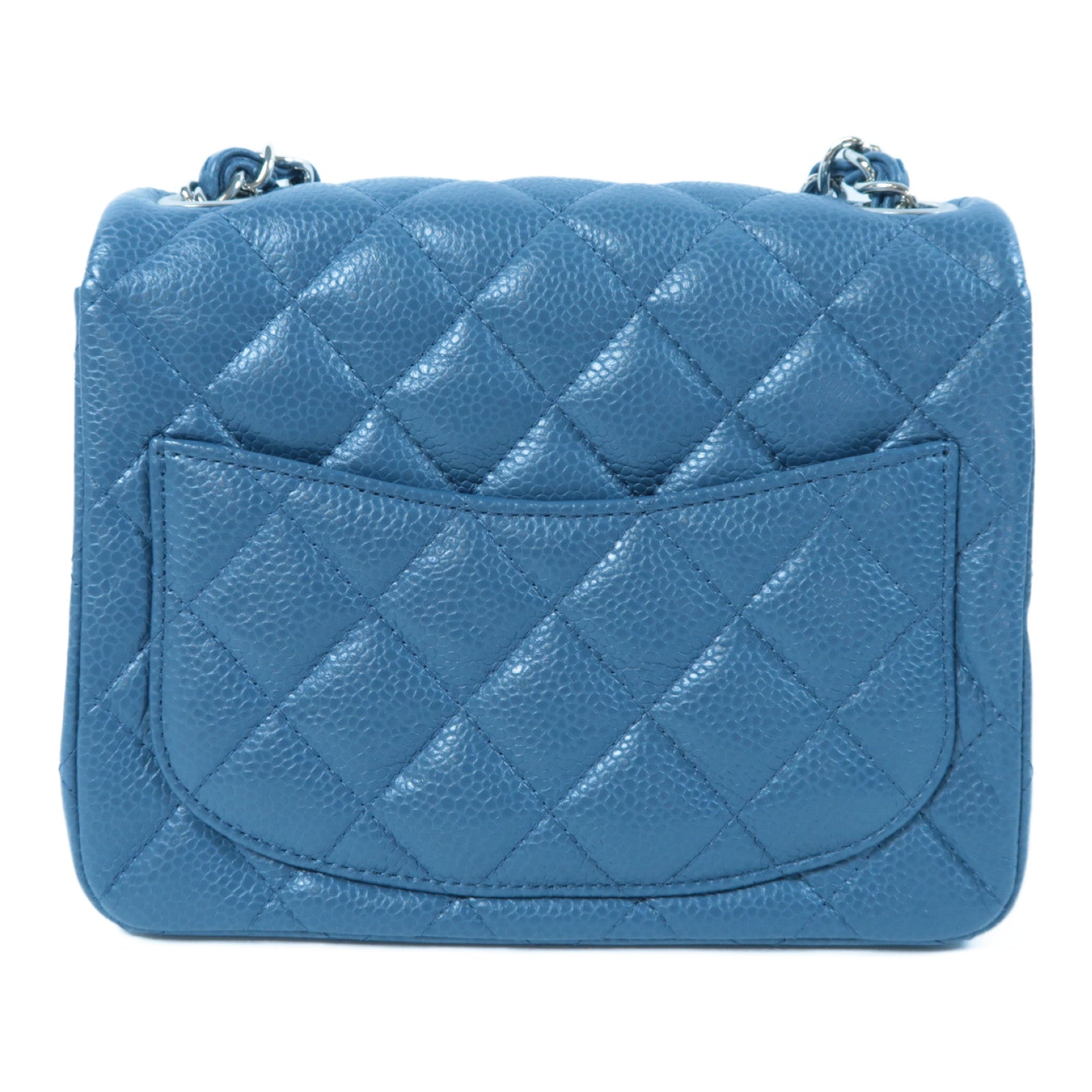 CHANEL 菱格Caviar皮革Mini Classic Flap銀扣鏈帶肩背袋藍色
