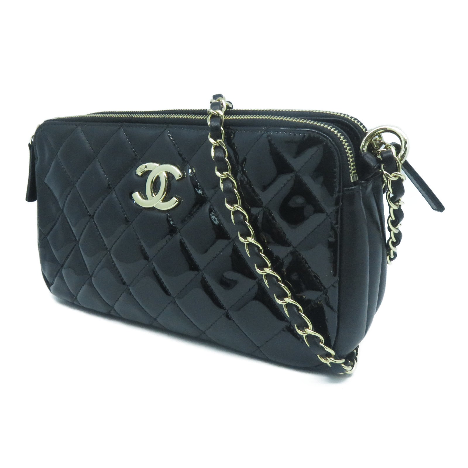 CHANEL 菱格漆皮皮革Chain Shoulder Bag金色鏈帶肩背袋黑色