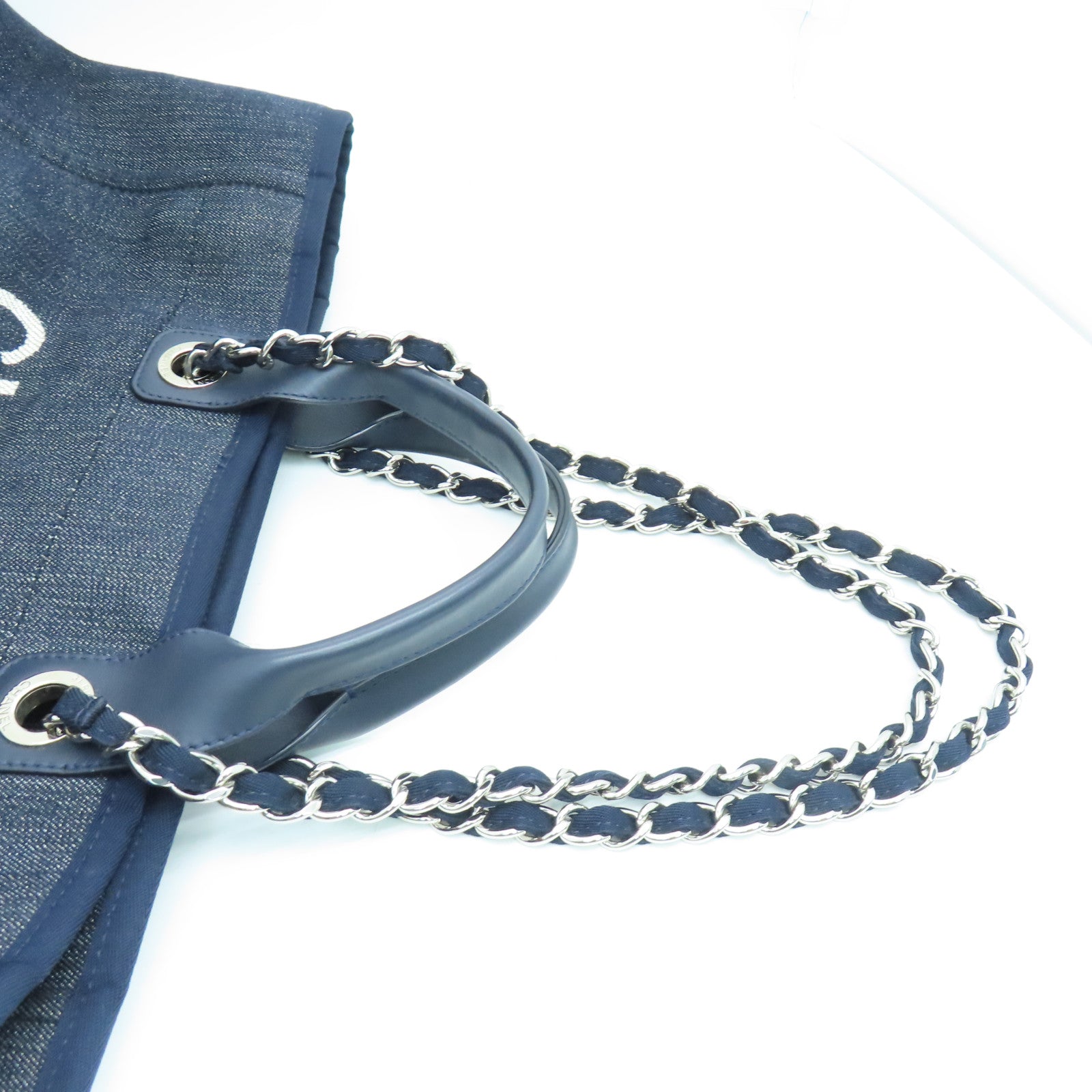 CHANEL 牛仔布Deauville Shopping Tote肩背袋银扣深蓝色