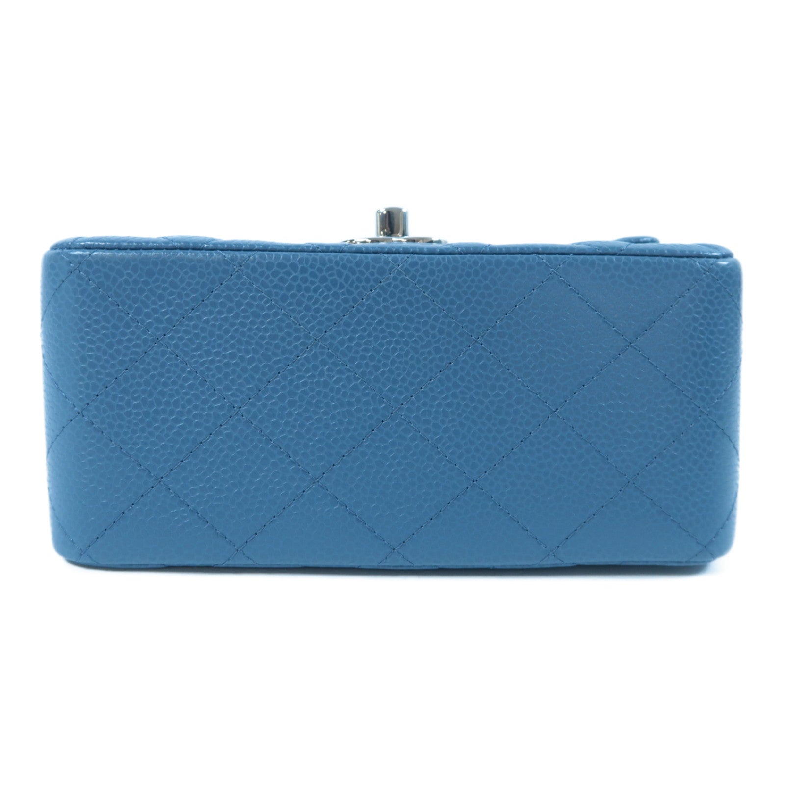 CHANEL 菱格Caviar皮革Mini Classic Flap銀扣鏈帶肩背袋藍色