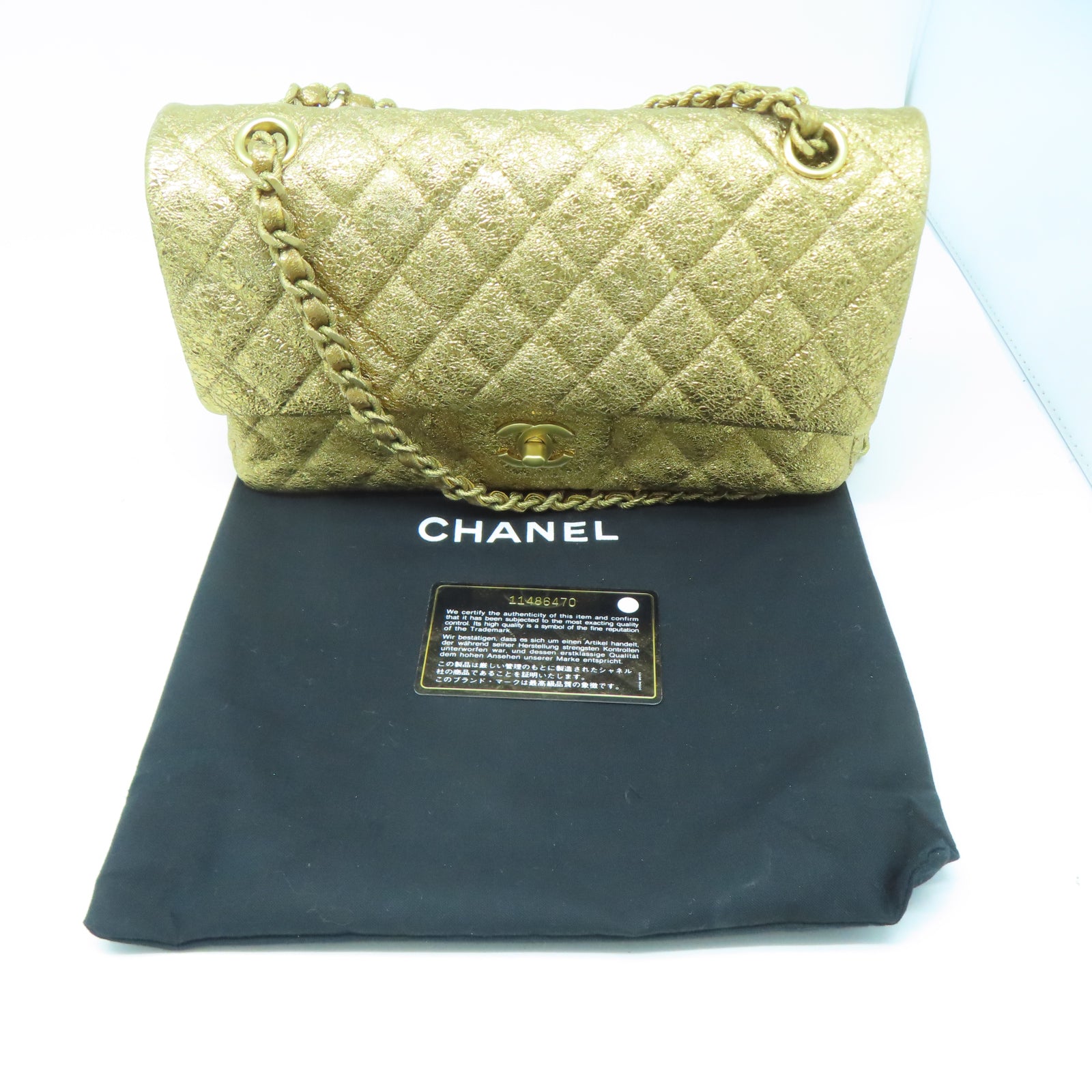 CHANEL 菱格牛皮皮革Chain Shoulder金扣鏈帶肩背袋金色
