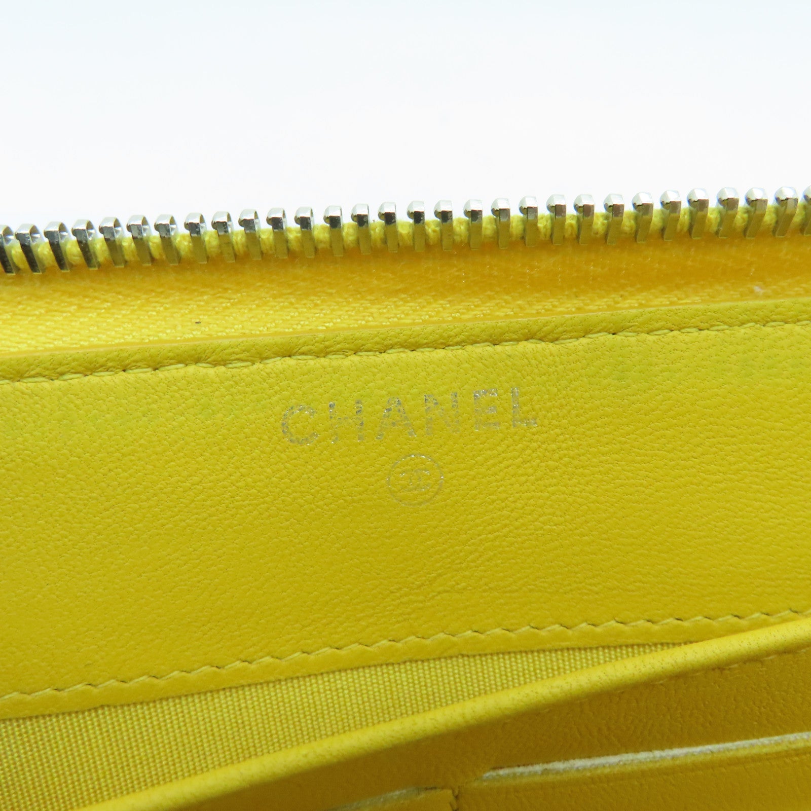 CHANEL 菱格牛皮皮革Zipped Long Wallet银扣长钱包黄色