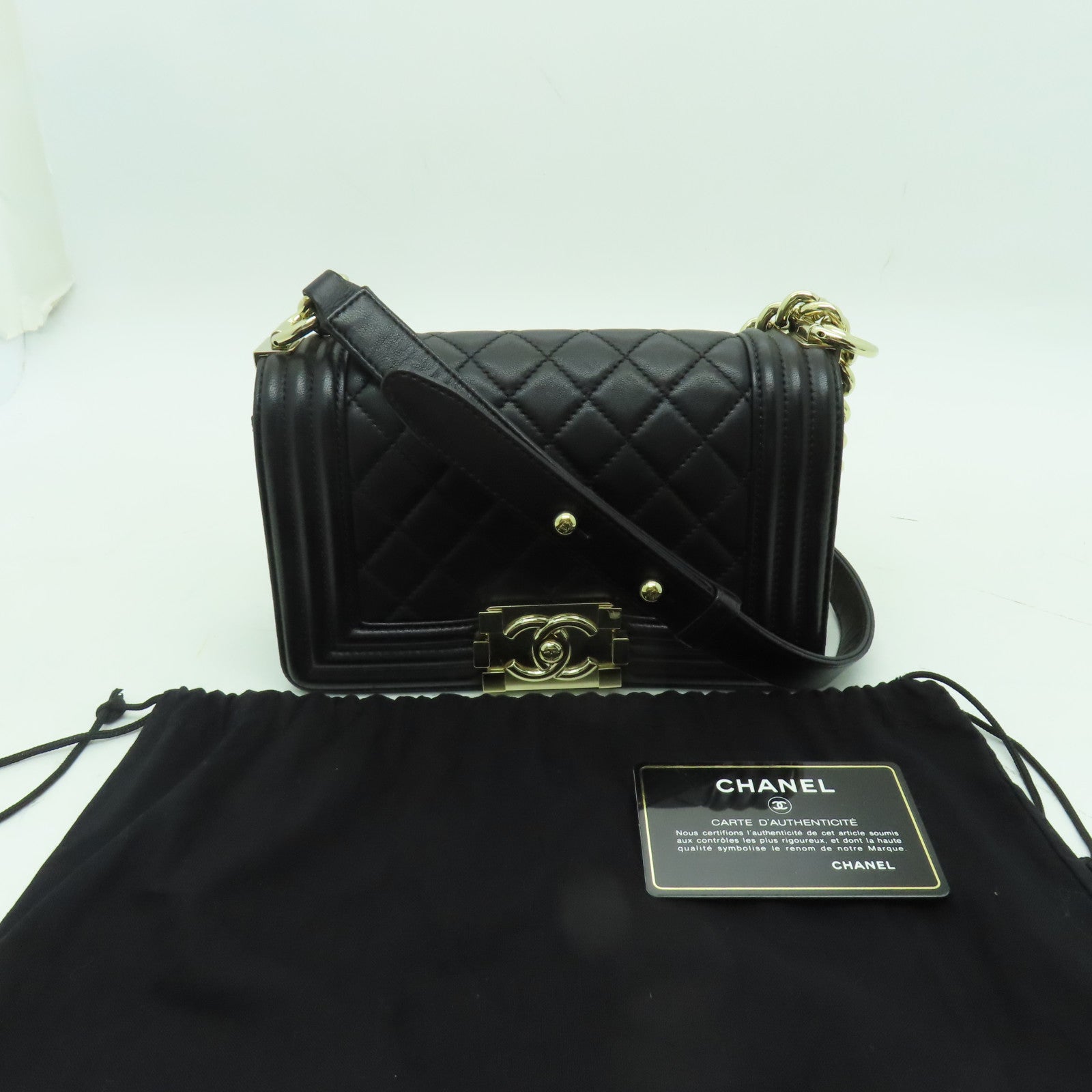 CHANEL 菱格羊皮皮革Chain Shoulder金扣鏈帶肩背袋黑色