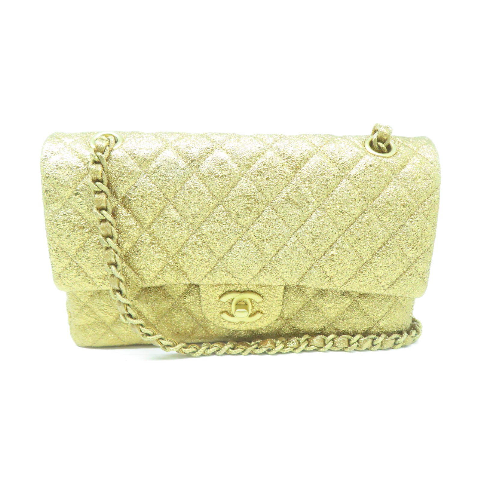CHANEL 菱格牛皮皮革Chain Shoulder金扣鏈帶肩背袋金色