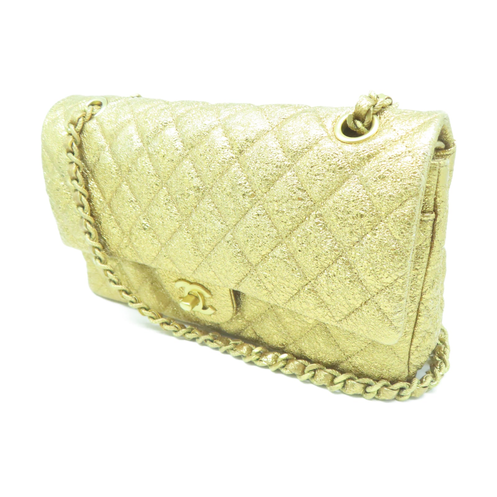 CHANEL 菱格牛皮皮革Chain Shoulder金扣鏈帶肩背袋金色