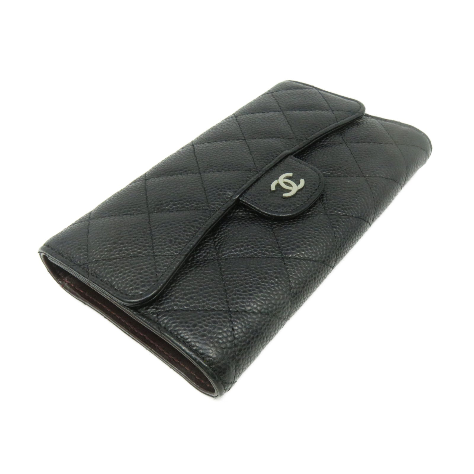 CHANEL 菱格Caviar皮革W Snap Long Wallet金扣长钱包黑色