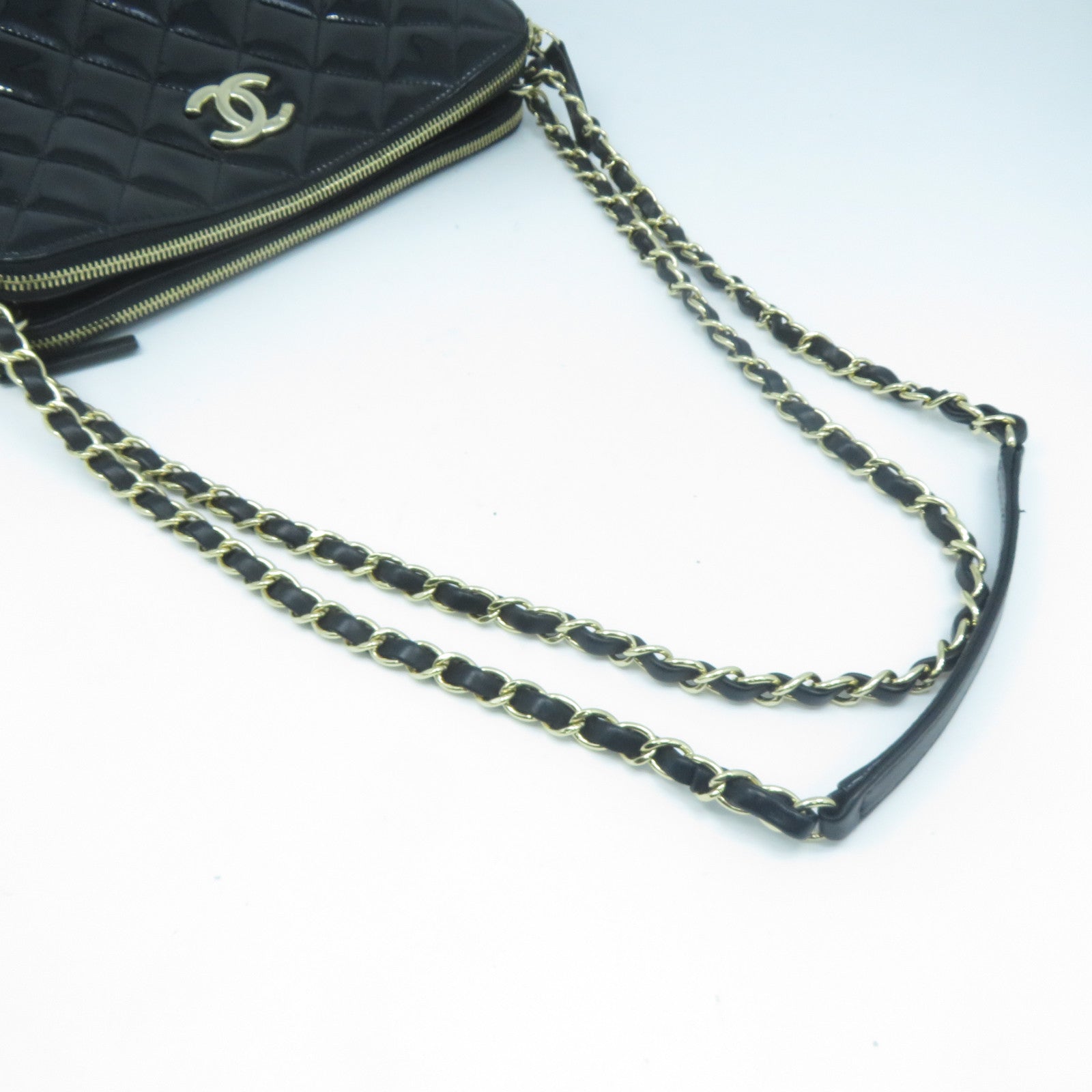 CHANEL 菱格漆皮皮革Chain Shoulder Bag金色鏈帶肩背袋黑色