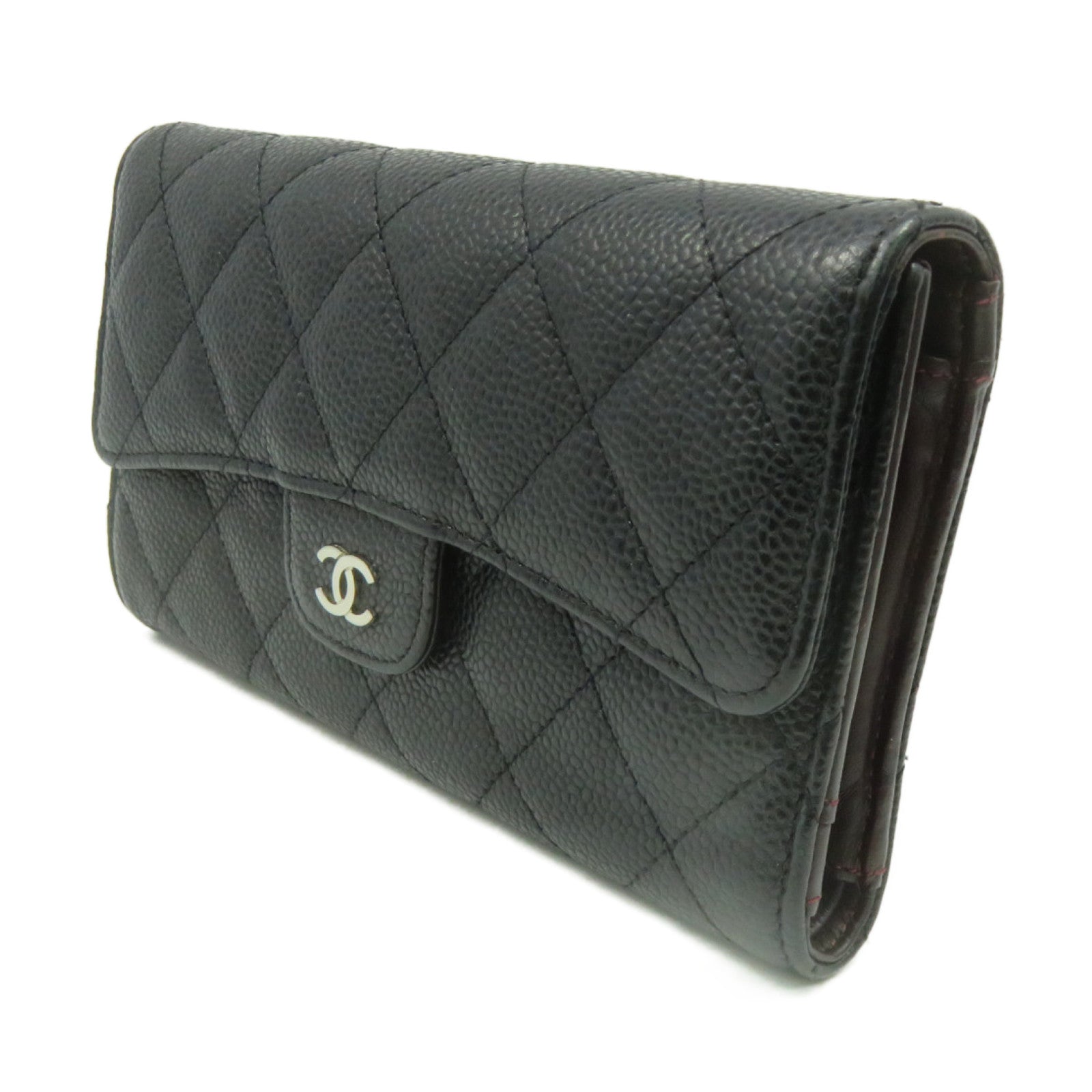 CHANEL 菱格Caviar皮革W Snap Long Wallet金扣长钱包黑色