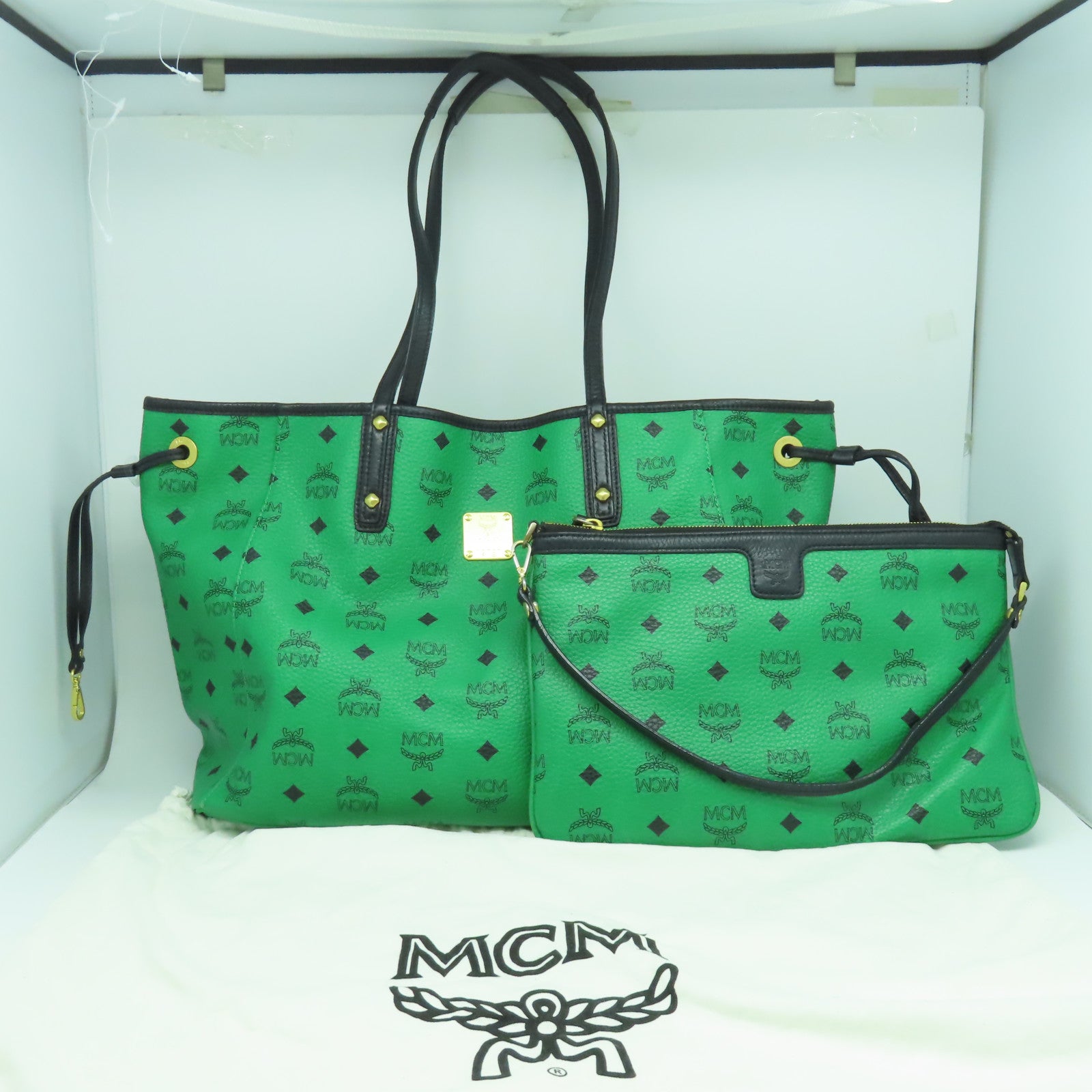 MCM 牛皮皮革Tote Bag金扣肩背袋綠色