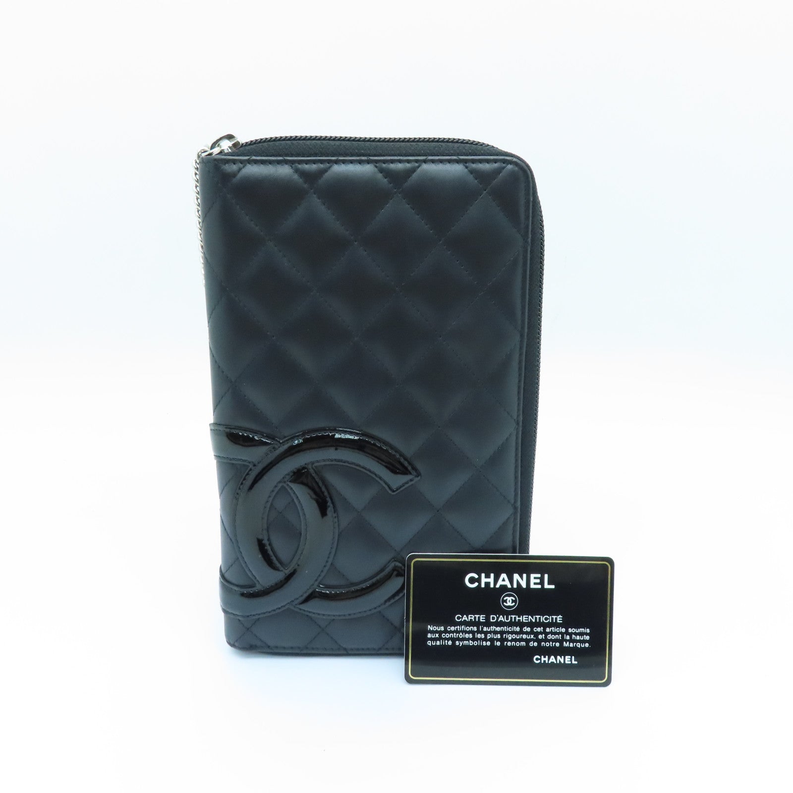 CHANEL 菱格牛皮皮革Canbom Wallet银扣长钱包黑色