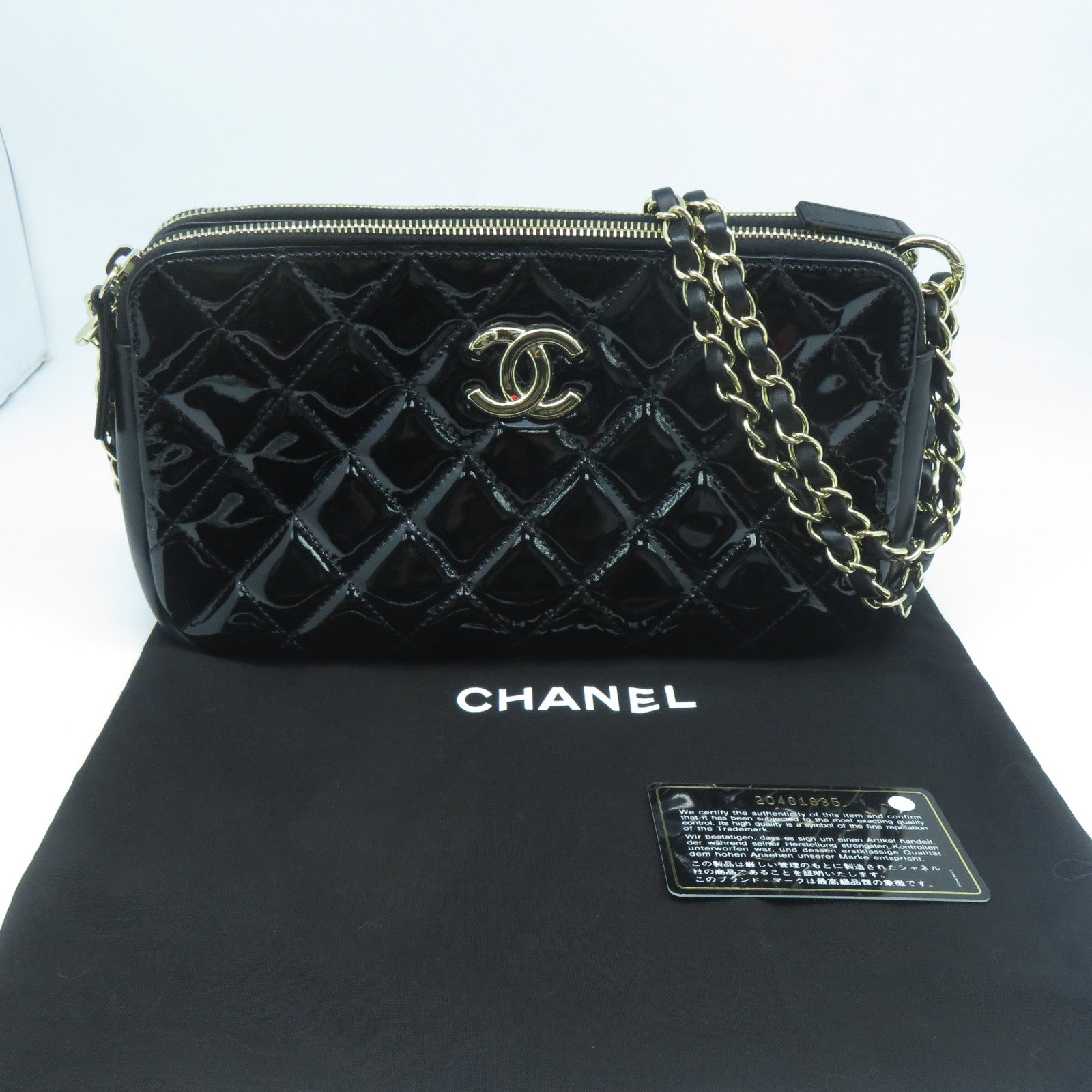 CHANEL 菱格漆皮皮革Chain Shoulder Bag金色鏈帶肩背袋黑色
