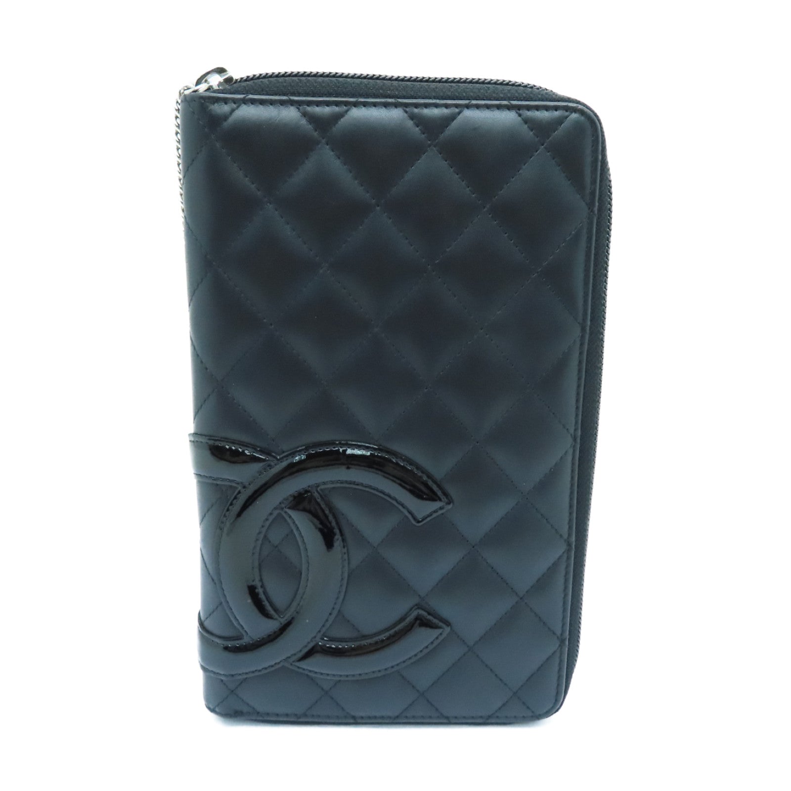 CHANEL 菱格牛皮皮革Canbom Wallet银扣长钱包黑色