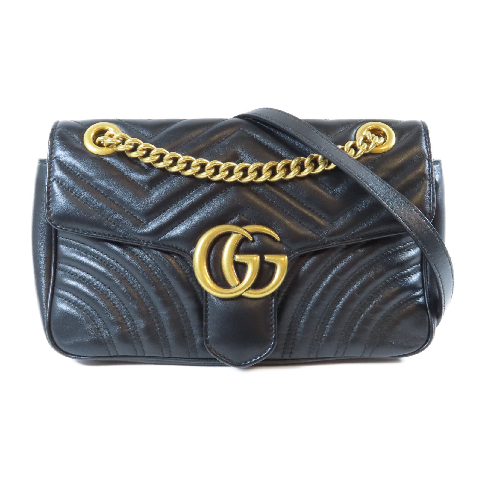 GUCCI 牛皮皮革GG Marmont金扣鏈帶肩背袋黑色