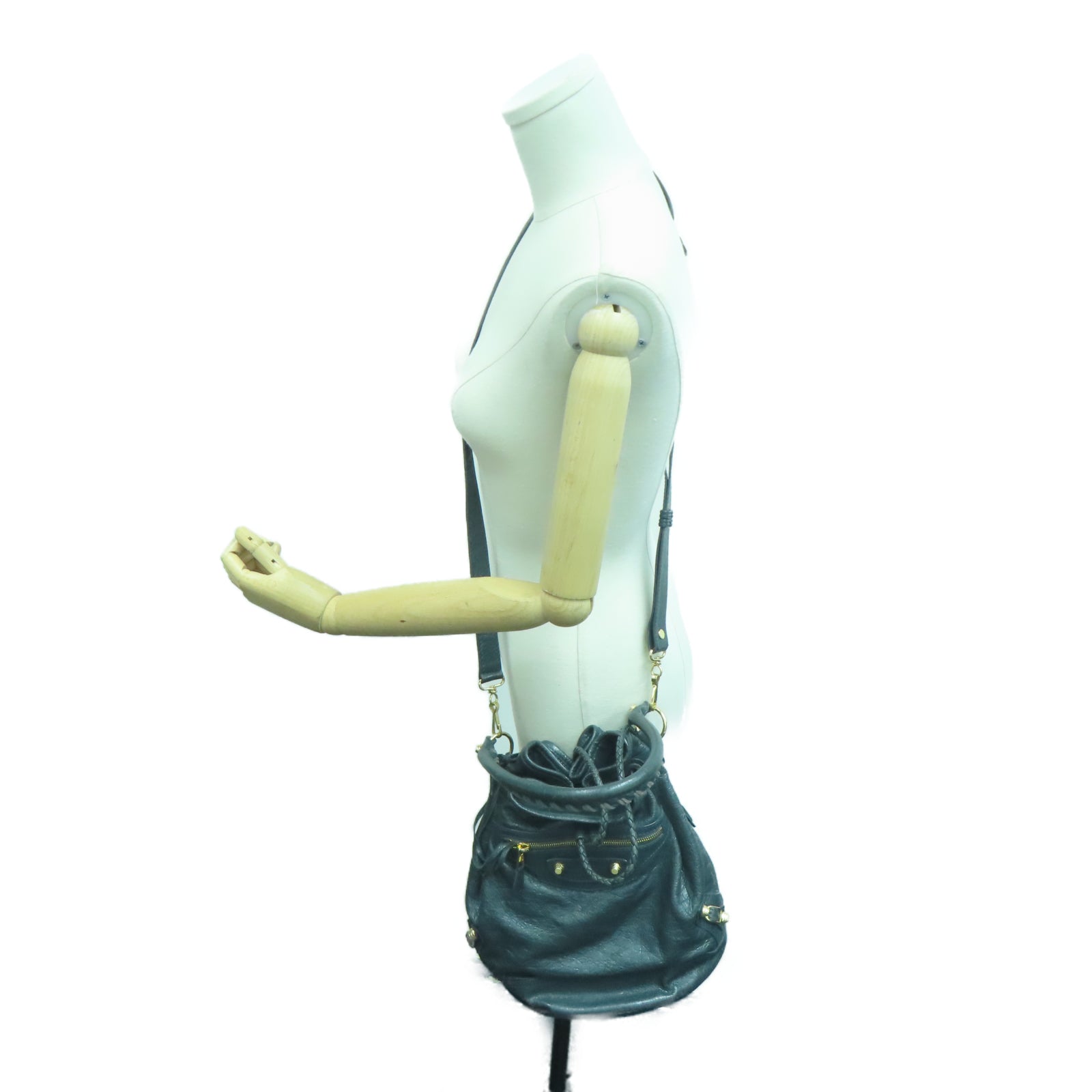 BALENCIAGA Cowhide Leather Giant Pom Pom Bucket Bag Gold Buckle Handle Shoulder Backpack Gray