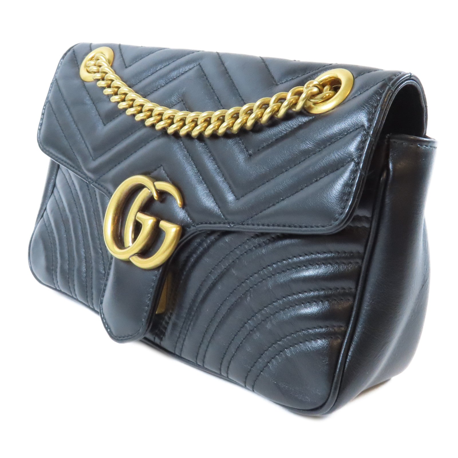 GUCCI 牛皮皮革GG Marmont金扣鏈帶肩背袋黑色