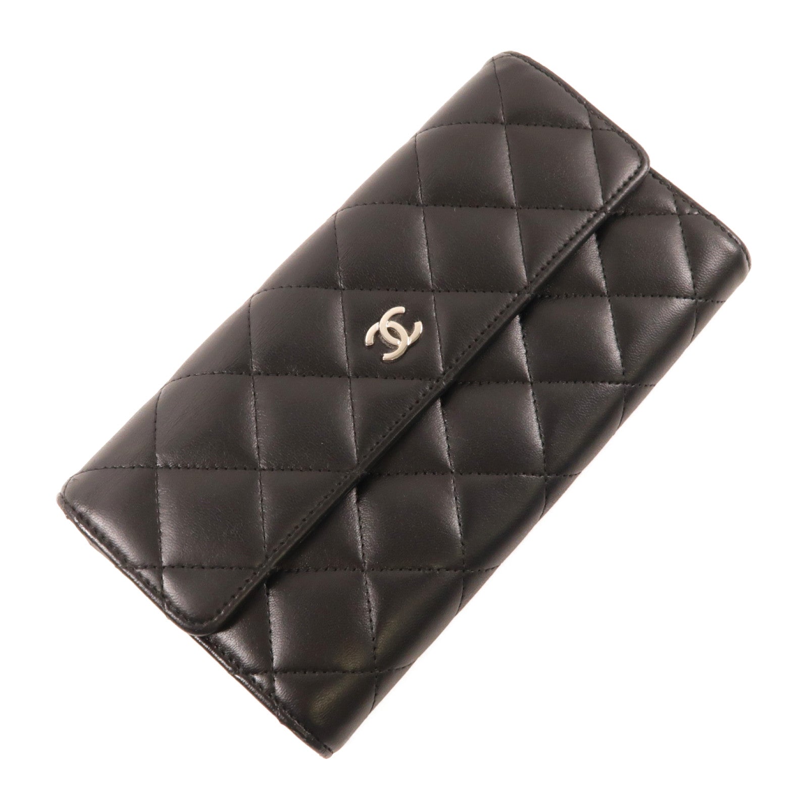 CHANEL 菱格羊皮皮革Wallet銀扣長錢包黑色