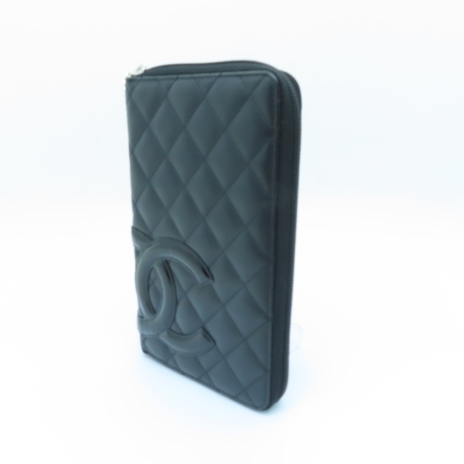 CHANEL 菱格牛皮皮革Canbom Wallet银扣长钱包黑色