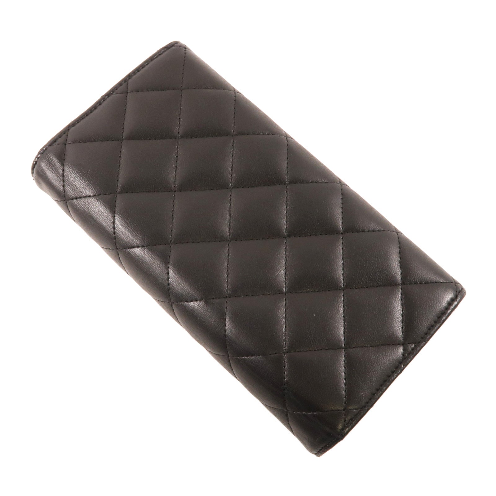 CHANEL 菱格羊皮皮革Wallet銀扣長錢包黑色