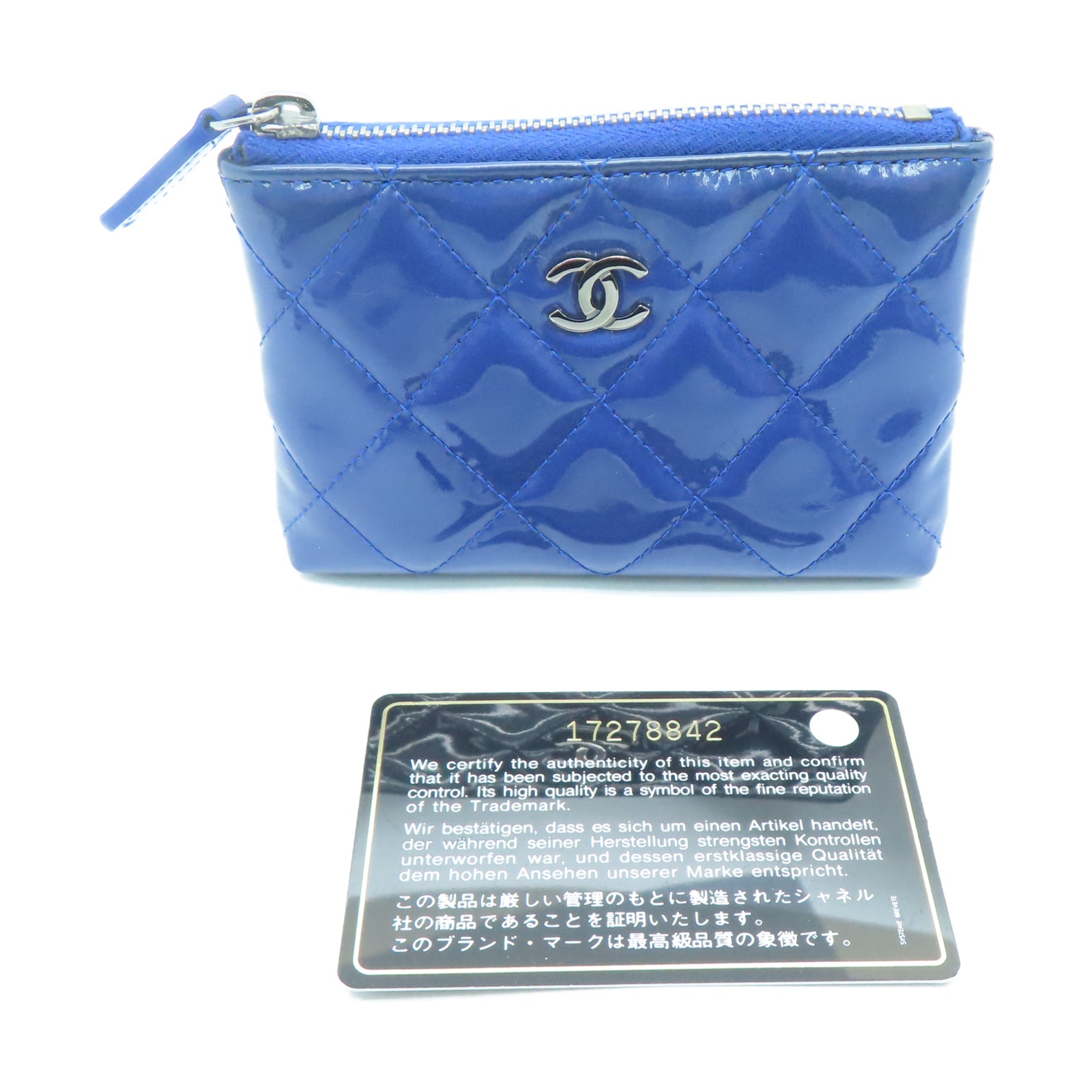 CHANEL 菱格漆皮皮革Coin Case银扣零钱包蓝色