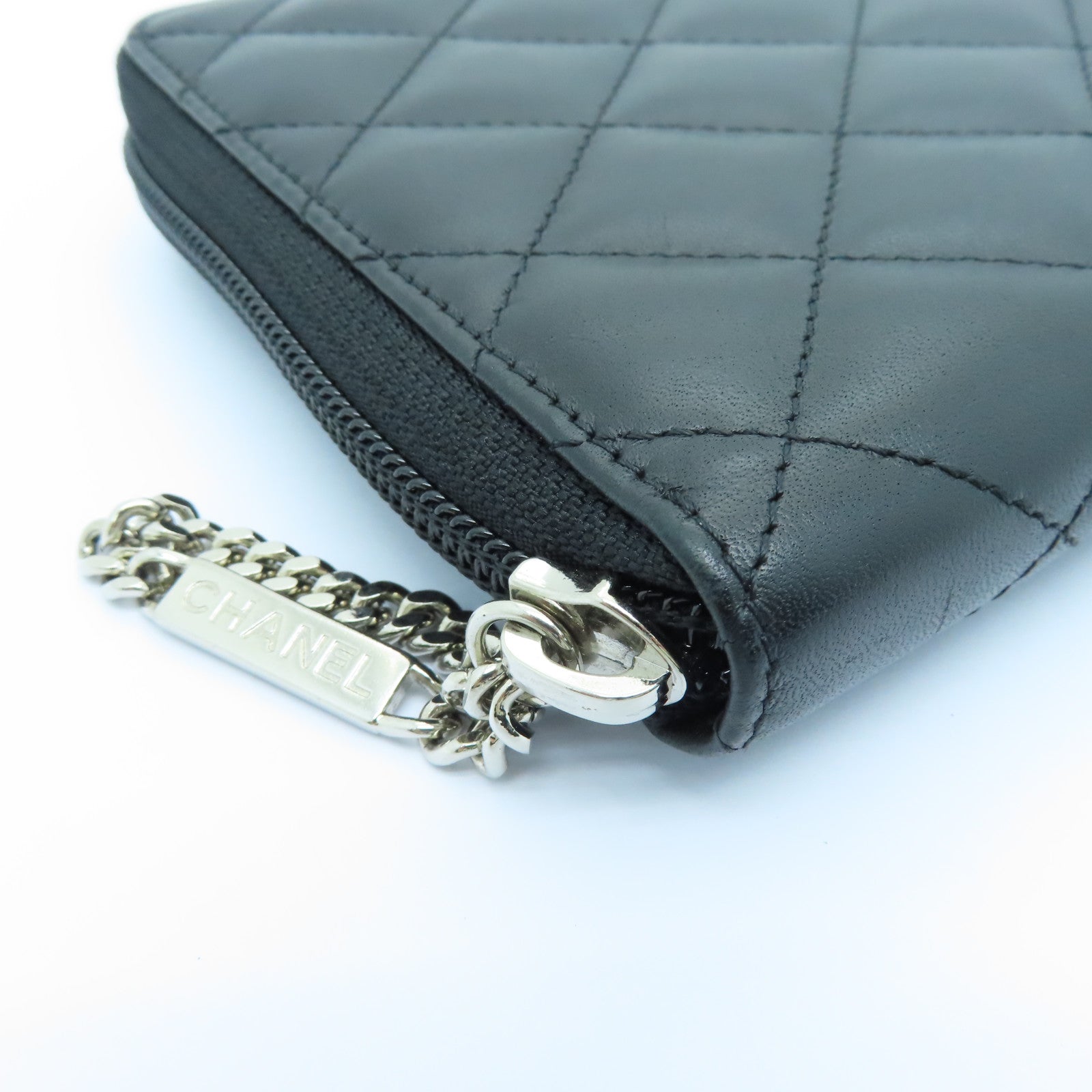 CHANEL 菱格牛皮皮革Canbom Wallet银扣长钱包黑色