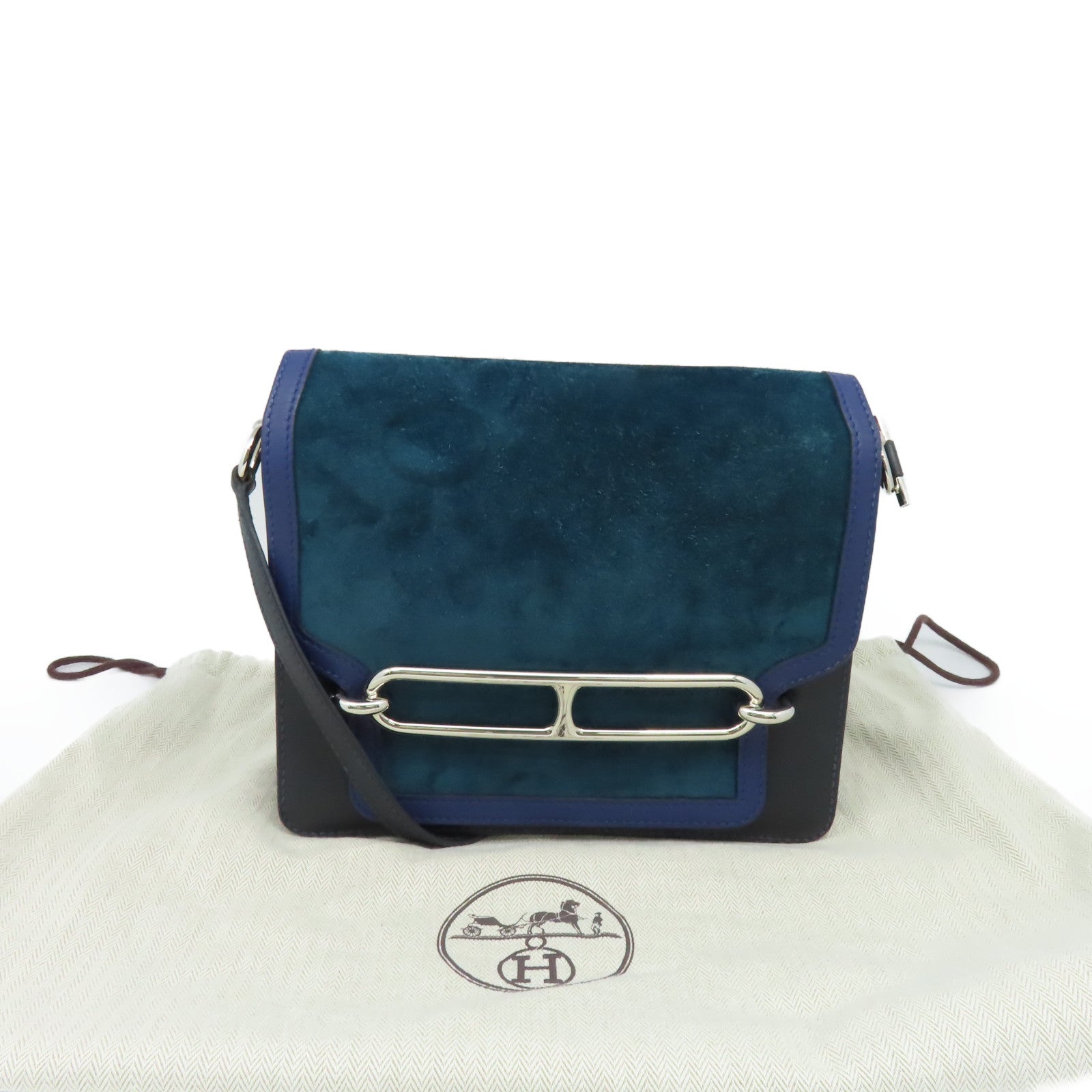 HERMES 麂皮皮革/Swift皮革Roulis 23 Shoulder Bag銀扣肩背袋Bleu Marine海軍藍