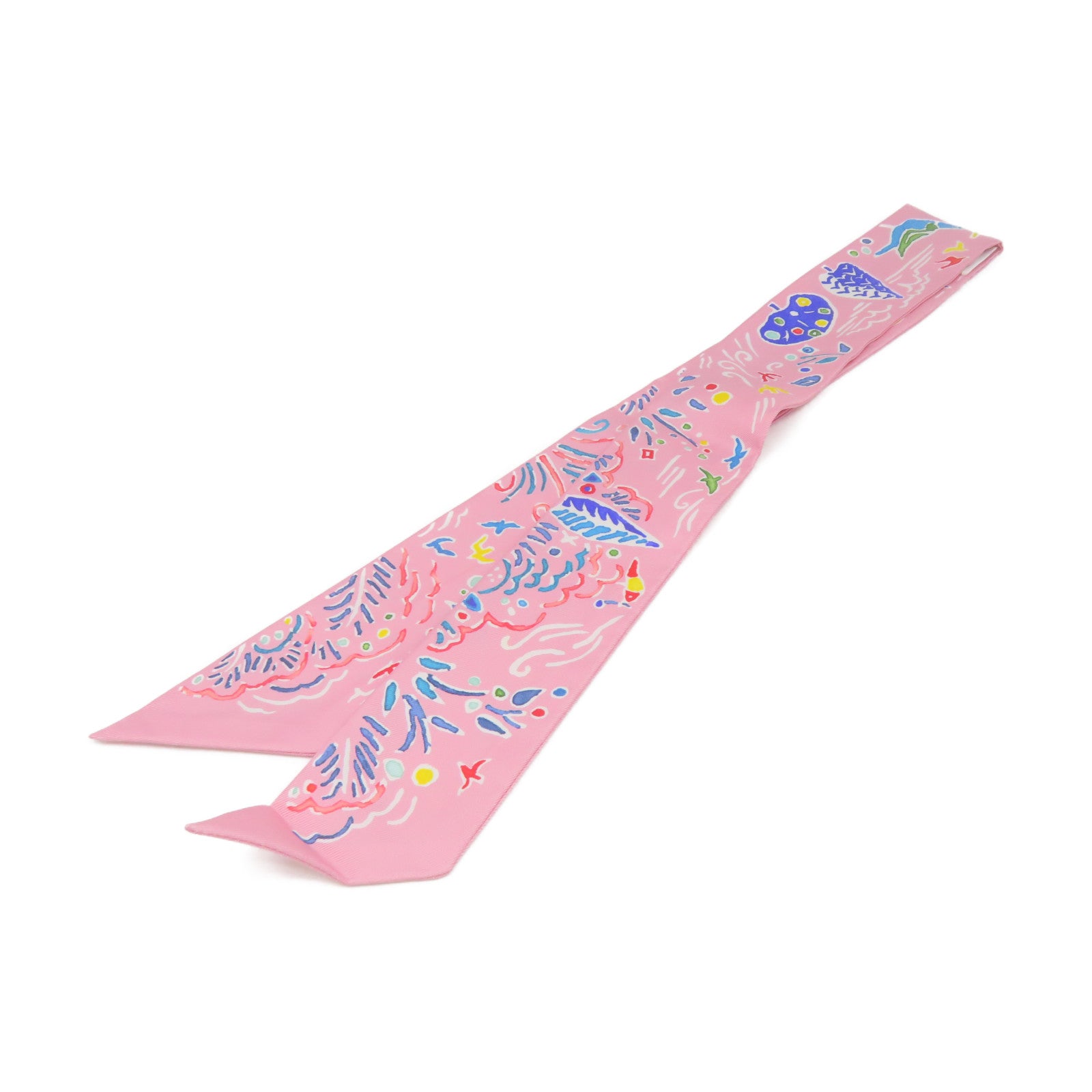 HERMES 絲質Twilly絲巾粉紅色/彩色