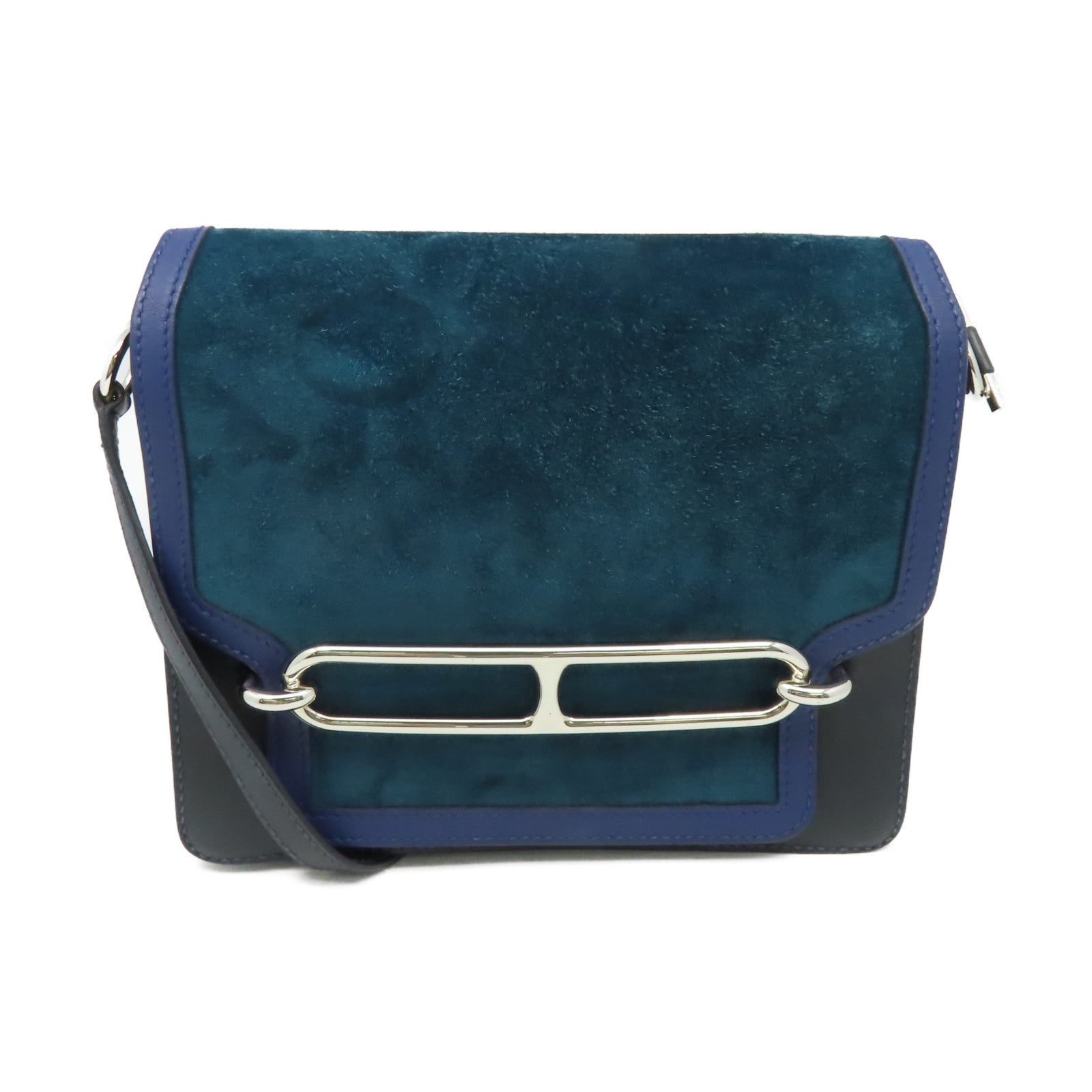 HERMES 麂皮皮革/Swift皮革Roulis 23 Shoulder Bag銀扣肩背袋Bleu Marine海軍藍
