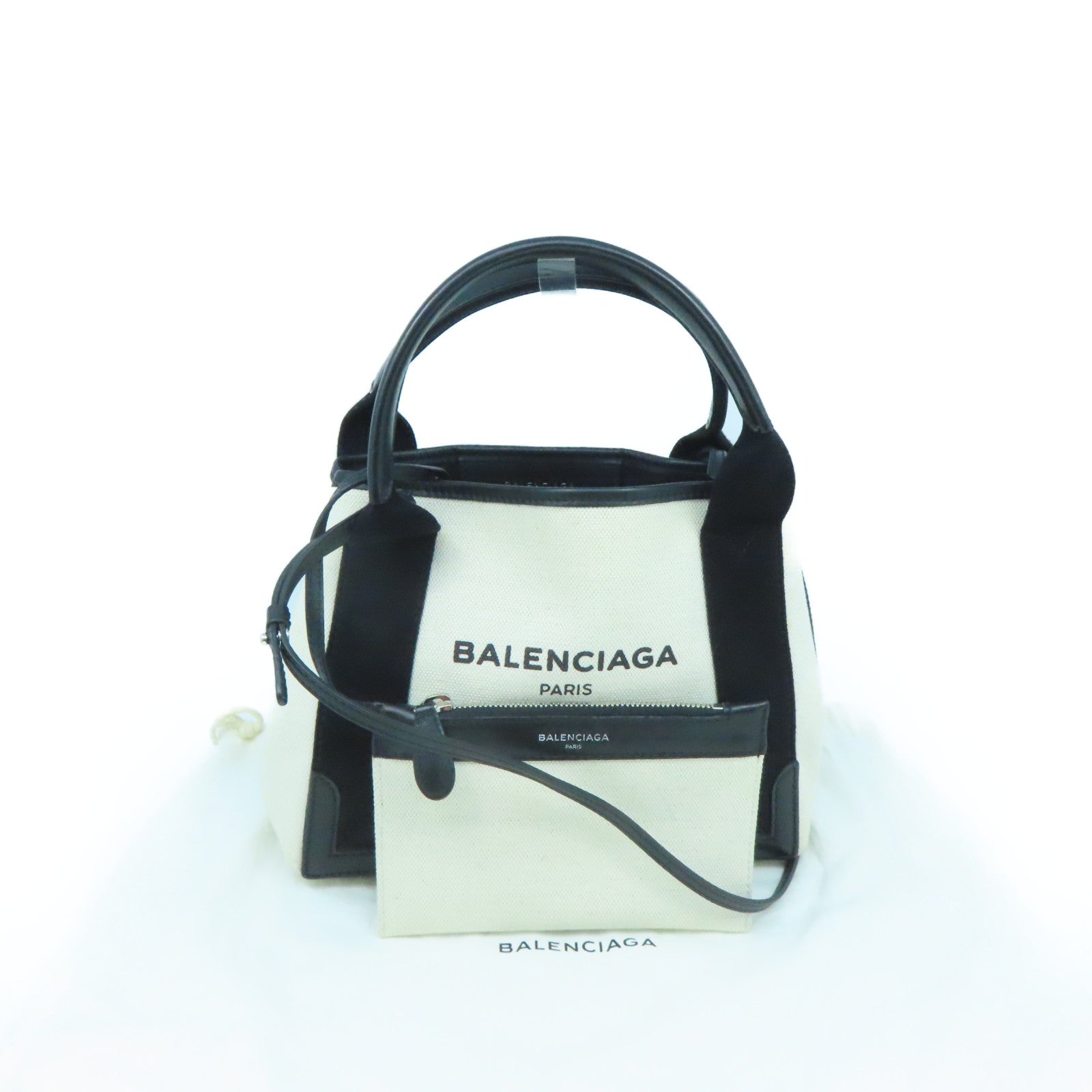 BALENCIAGA 帆布Navy Cabas XS銀扣手挽肩背兩用袋白色/黑色