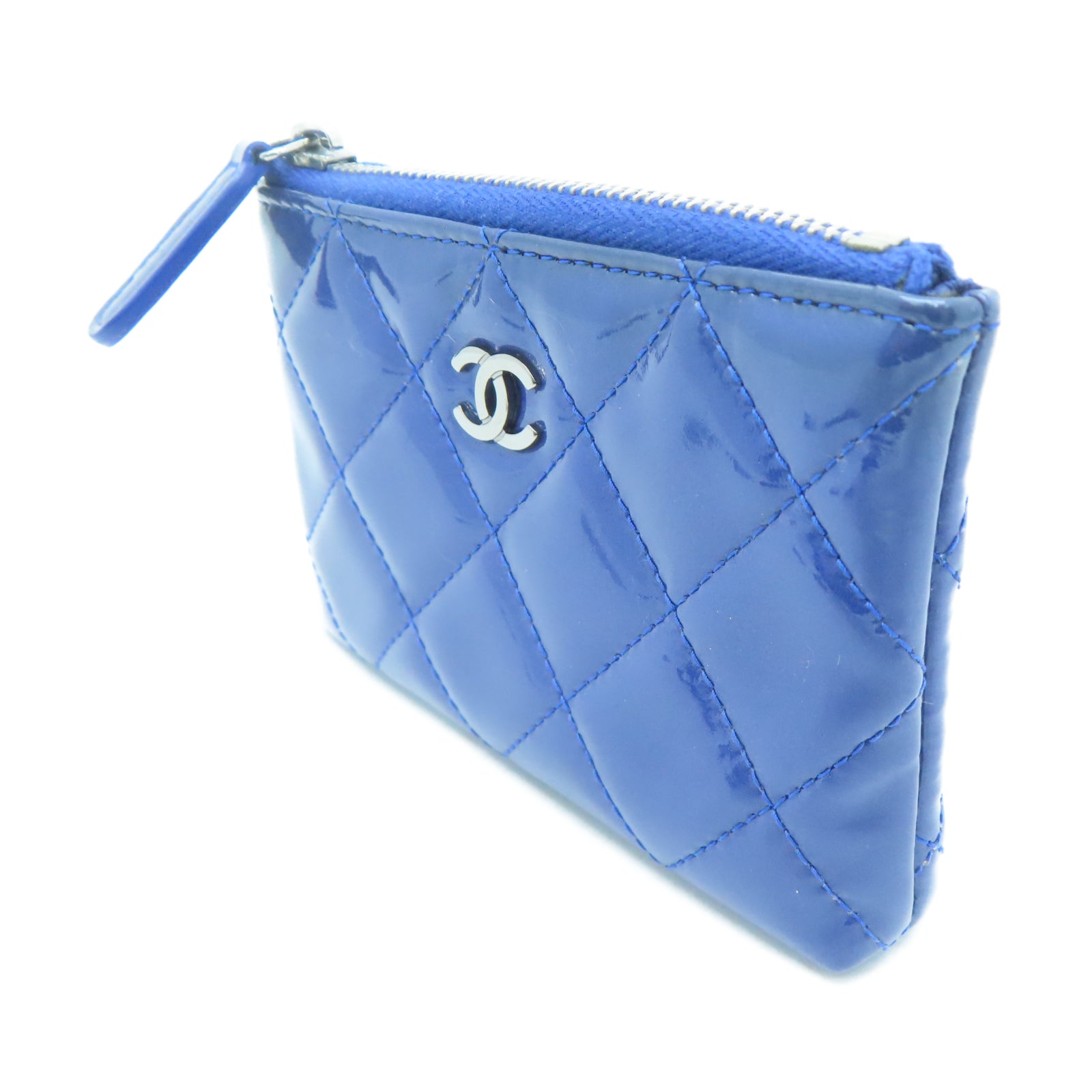 CHANEL 菱格漆皮皮革Coin Case银扣零钱包蓝色