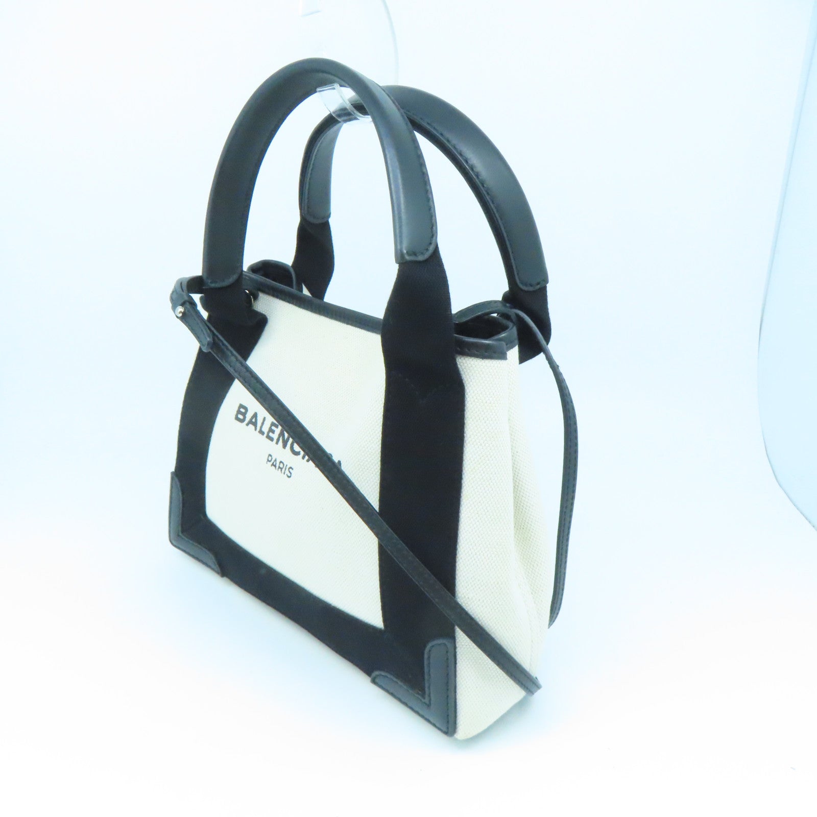 BALENCIAGA 帆布Navy Cabas XS銀扣手挽肩背兩用袋白色/黑色