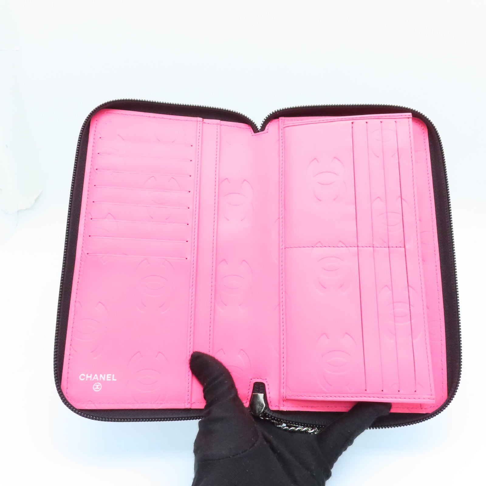 CHANEL 菱格牛皮皮革Canbom Wallet银扣长钱包黑色