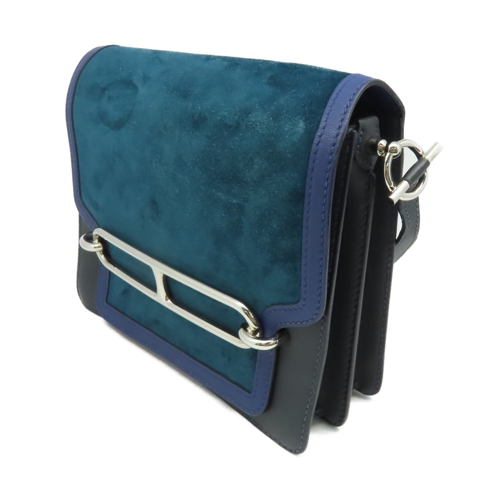HERMES 麂皮皮革/Swift皮革Roulis 23 Shoulder Bag銀扣肩背袋Bleu Marine海軍藍
