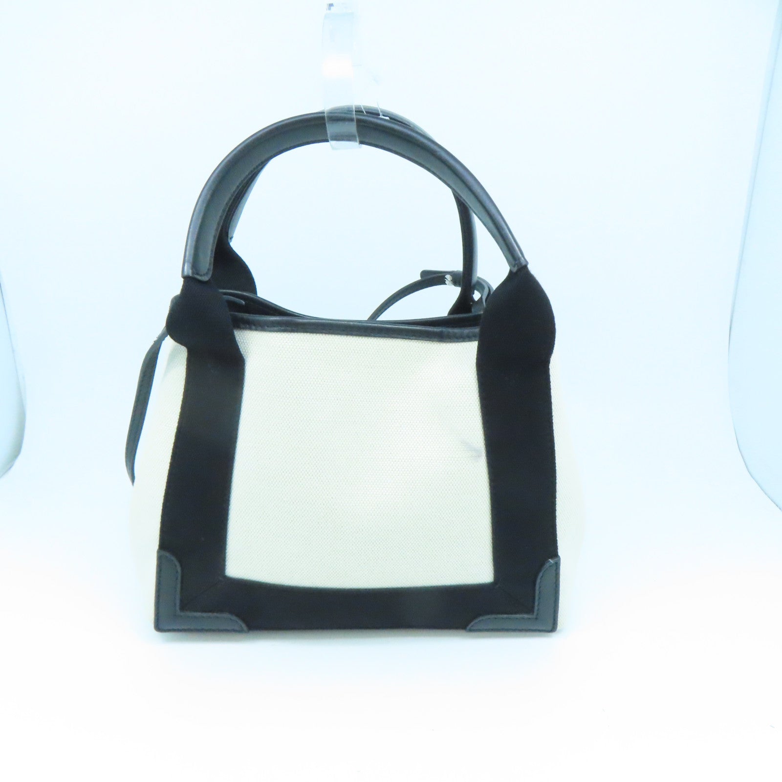 BALENCIAGA 帆布Navy Cabas XS銀扣手挽肩背兩用袋白色/黑色