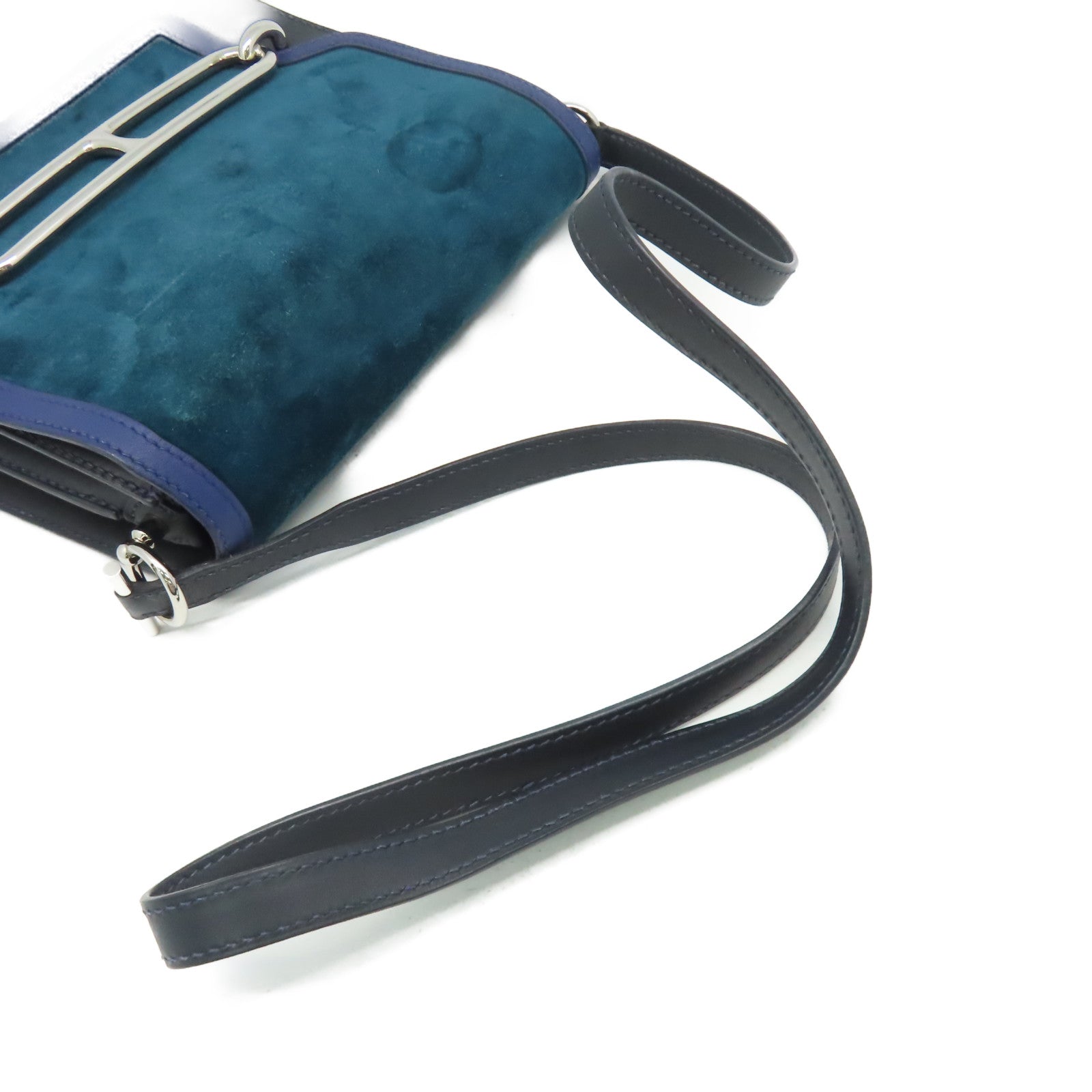 HERMES 麂皮皮革/Swift皮革Roulis 23 Shoulder Bag銀扣肩背袋Bleu Marine海軍藍