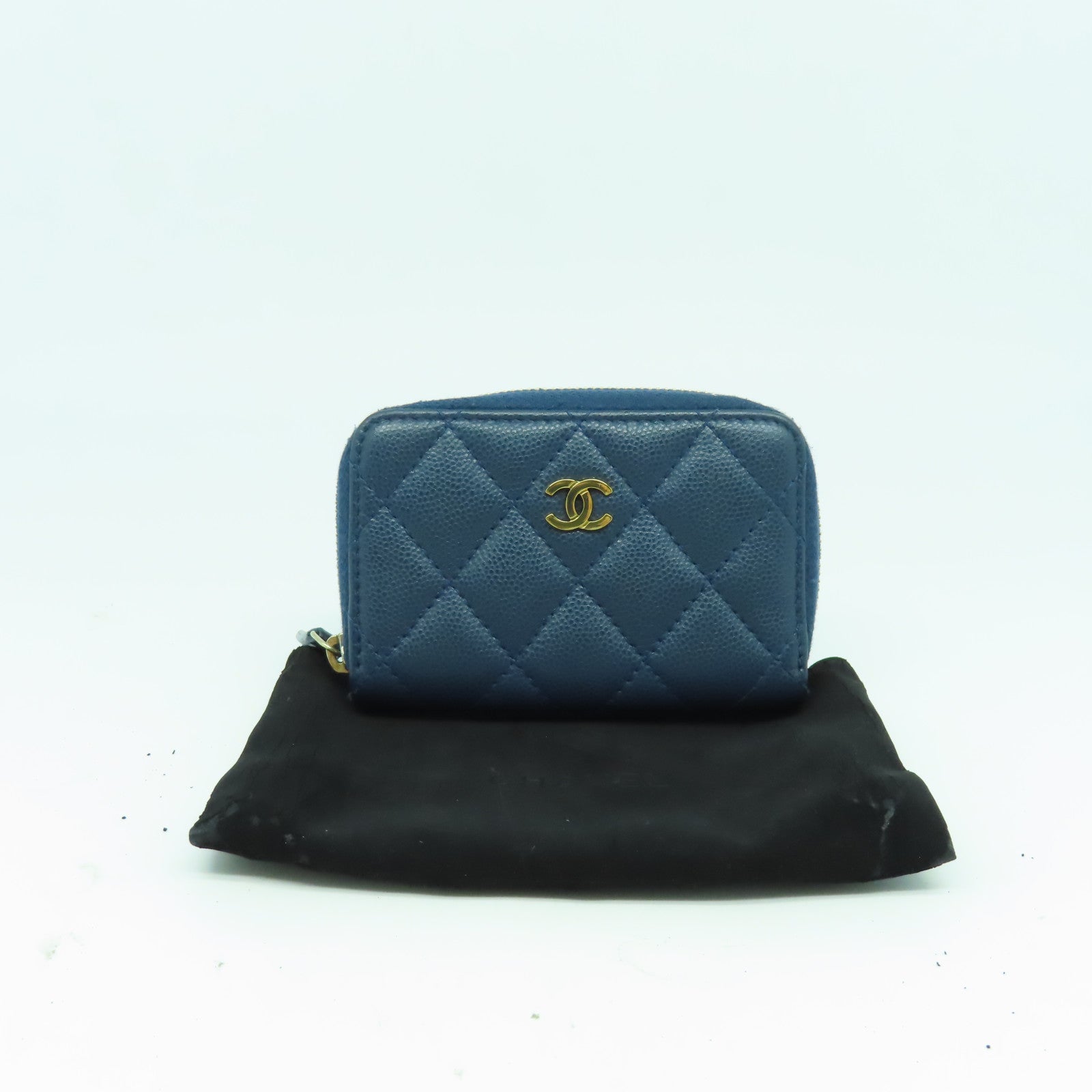 CHANEL 菱格Caviar皮革Coin Case金扣零錢包藍色