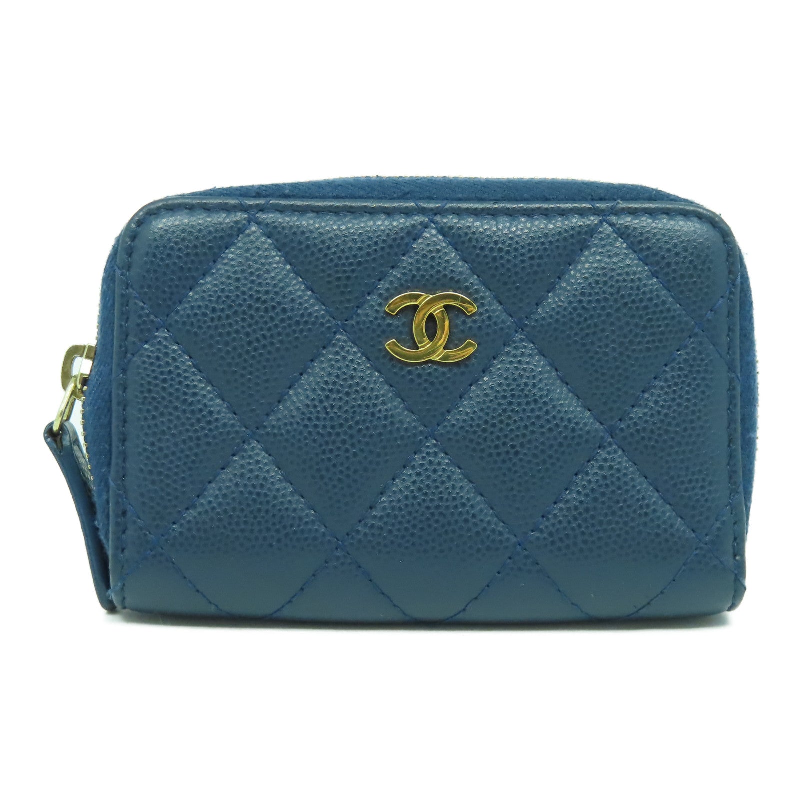 CHANEL 菱格Caviar皮革Coin Case金扣零錢包藍色